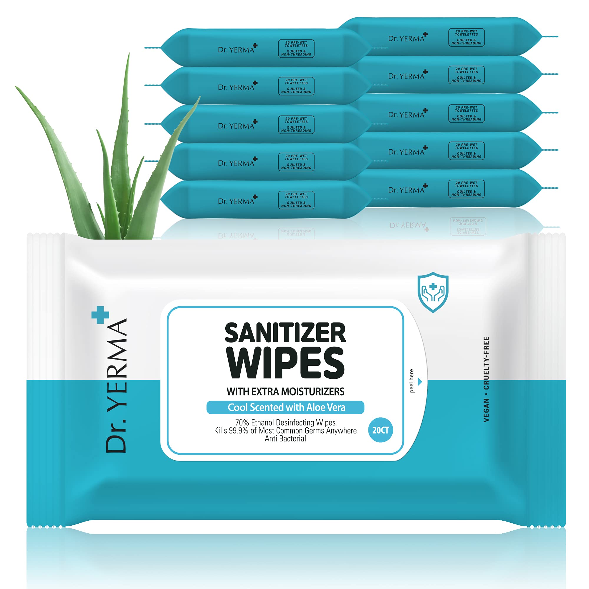 Dr. YERMA 70% Alcohol Hand Sanitizer Wipes with Aloe Vera & Extra Moisturizers, 10 Packs of 20 (200 wipes) Travel Size, Vegan Co