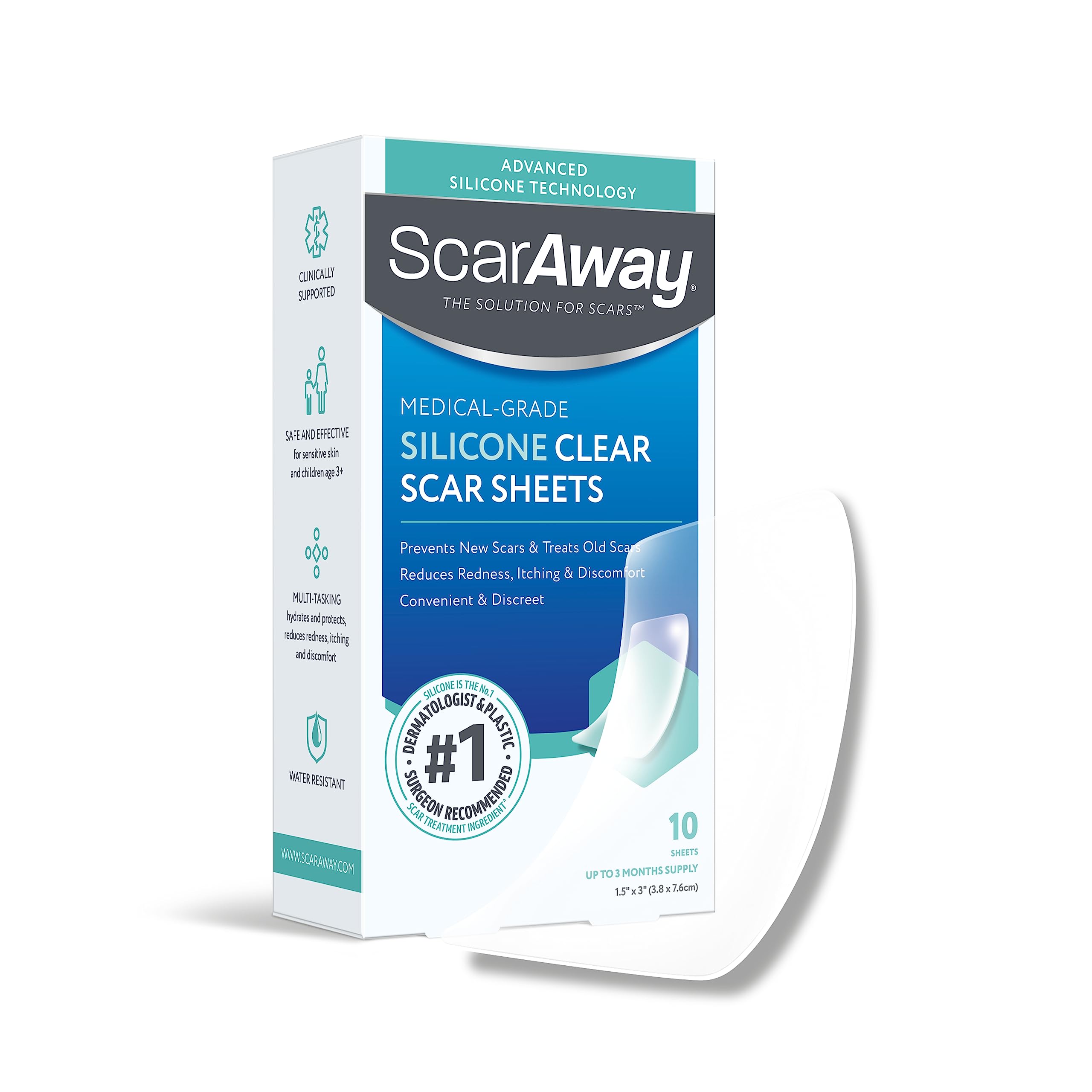 ScarAway Clear Silicone Scar Sheets, White, 10 Count