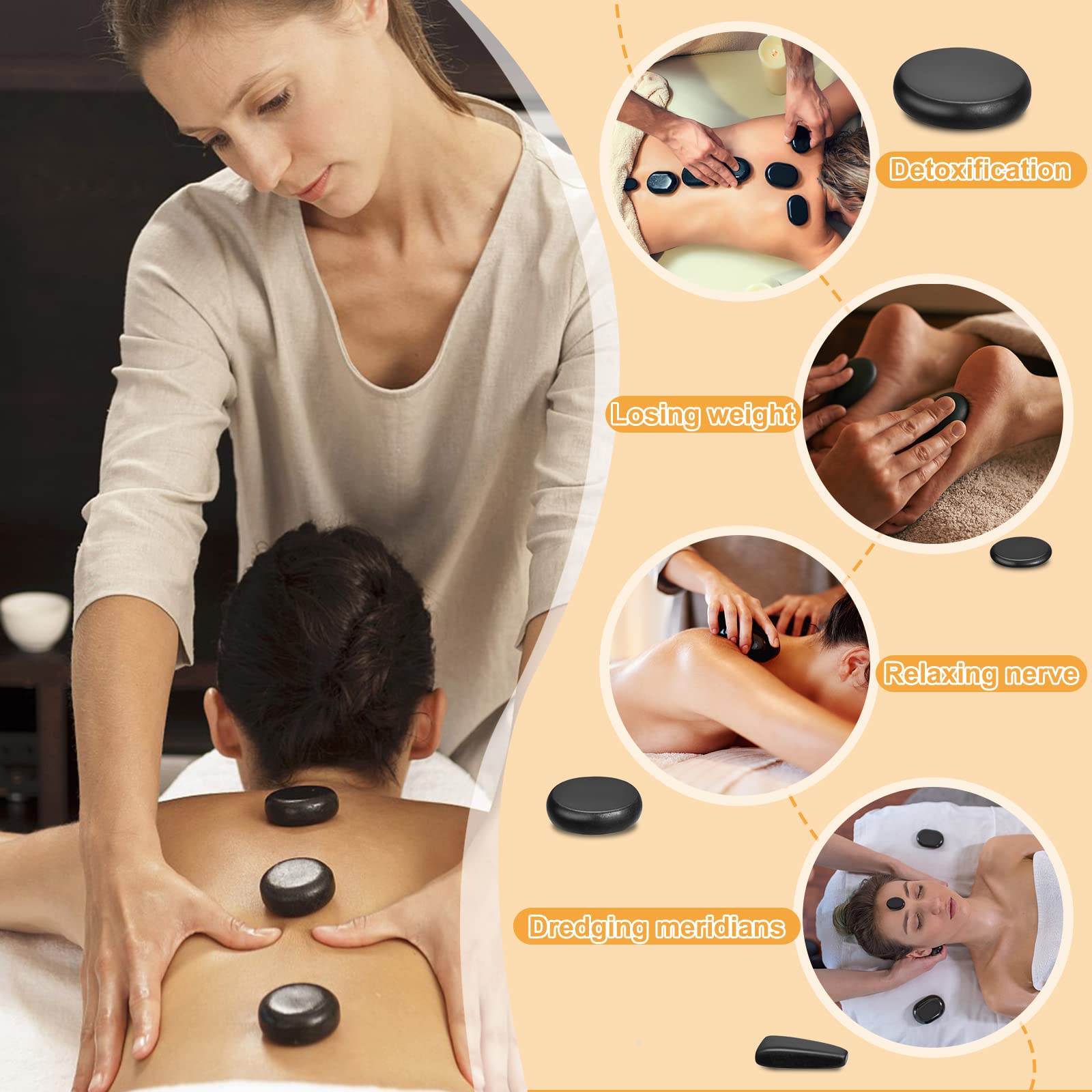Granpay Hot Stones Massage Set with Warmer, 18PCS Basalt Massaging Rocks with Portable Heating Box, for Spa, Warming Therapy