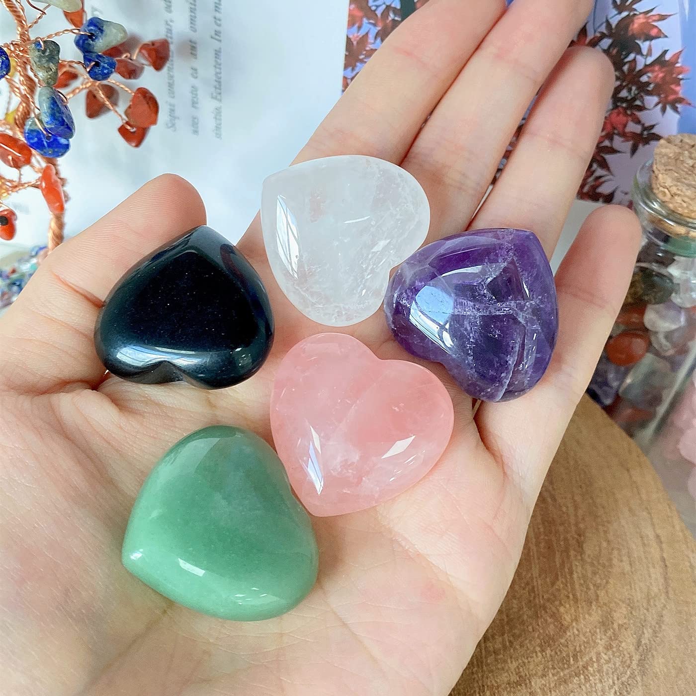 QINJIEJIE 5Pcs 1.2'' Rose Quartz Heart Crystals Amethyst Healing Crystal Love Stone Polished Thumb Palm Natural Worry Gemstones