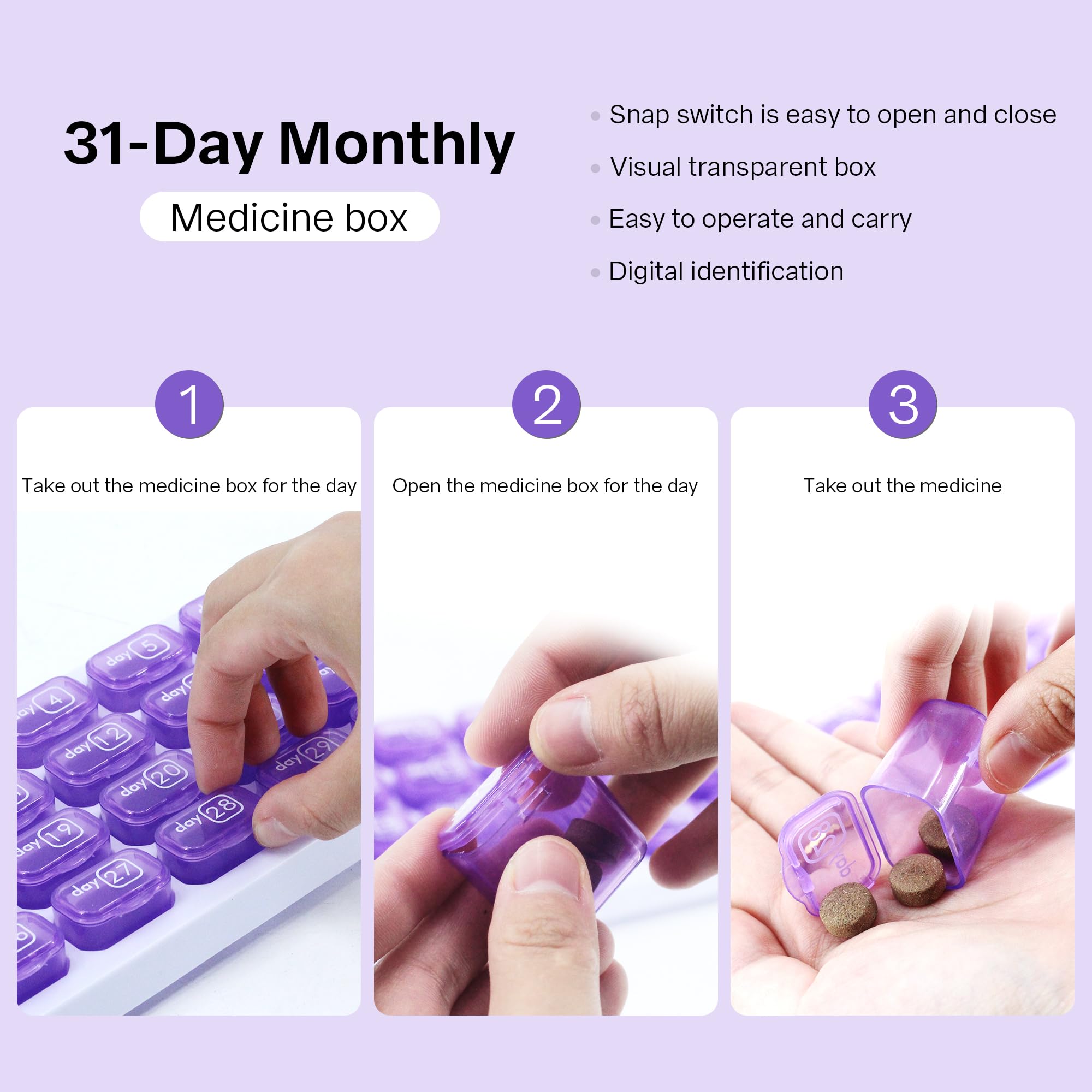 UHZBTEC Monthly 31 compartments Pill Organizer Day Pill Organizer for Medicine Vitamin Holder Container (Purple)