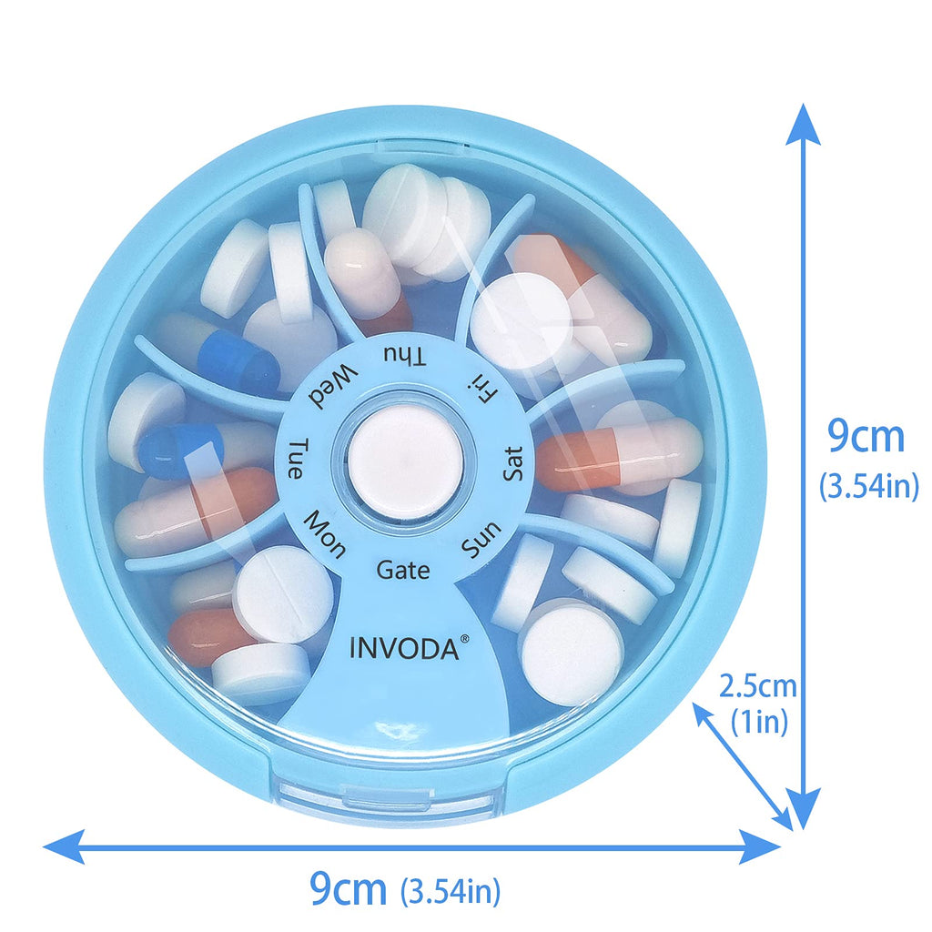 Pill Organizer Travel Pill Cases Weekly Cute Round Pill Box Purse Pill Container Portable Small Medicine Organizer (Blue+Bag)