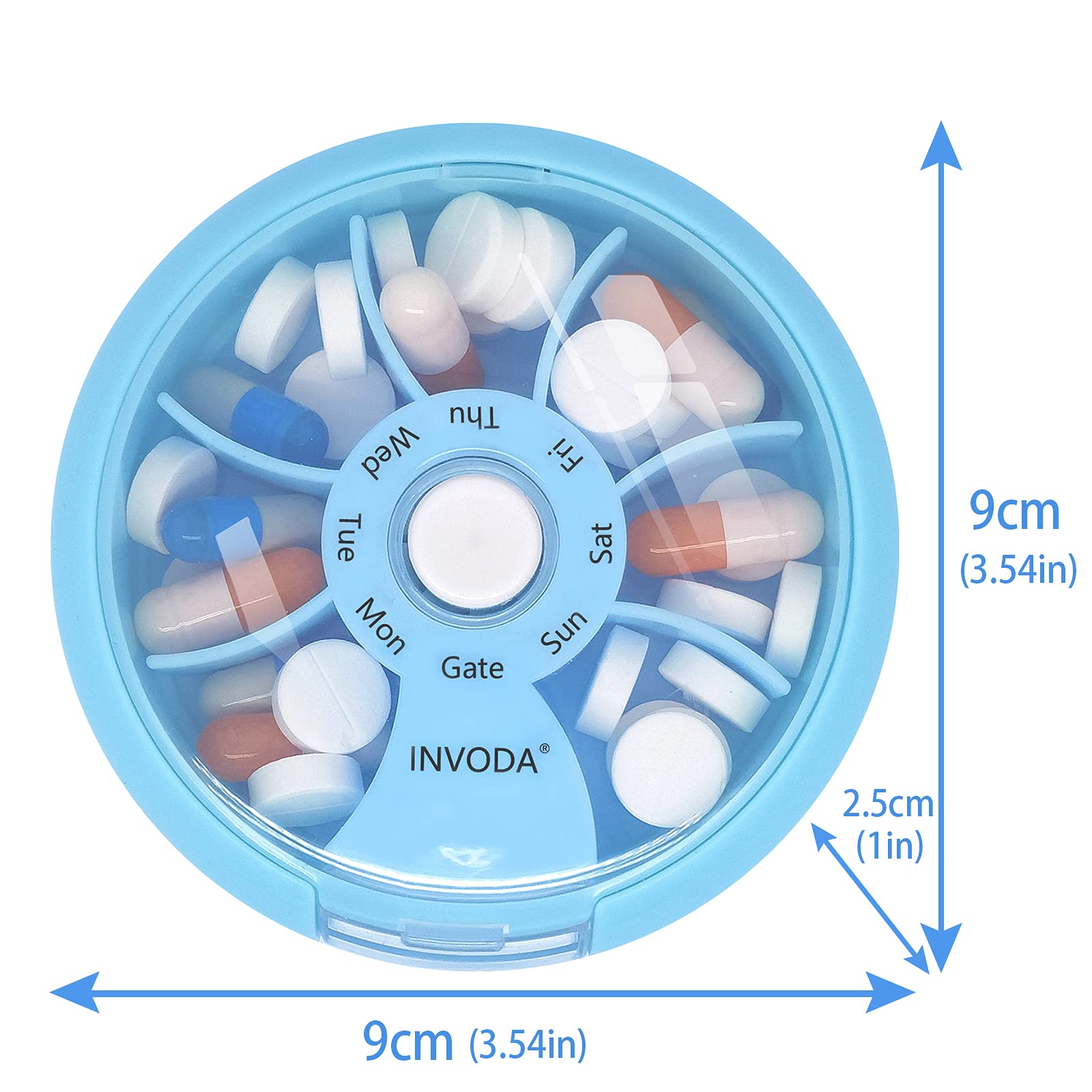 Pill Organizer Travel Pill Cases Weekly Cute Round Pill Box Purse Pill Container Portable Small Medicine Organizer (Blue+Bag)