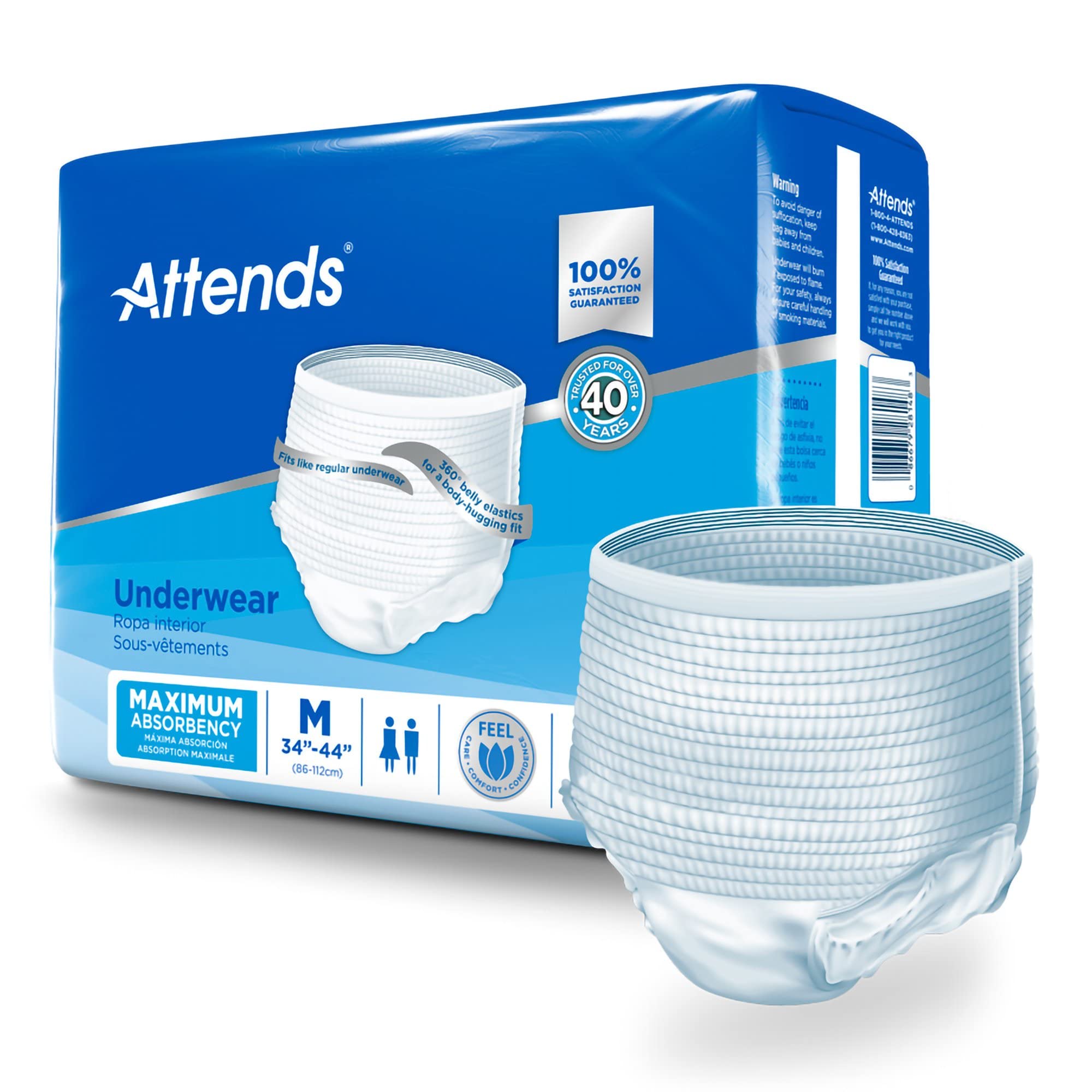Attends Protective Underwear with DermaDry Technology for Adults Incontinence Care, Medium, Unisex, White, 80 Count, Pack of 4