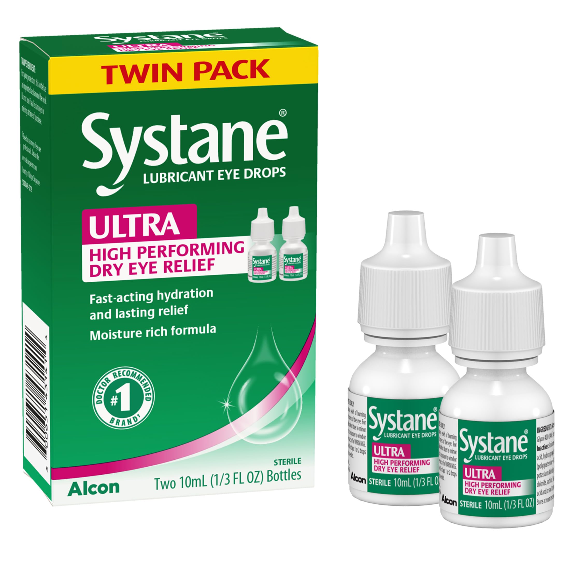 Systane Ultra Lubricant Eye Drops, Artificial Tears for Dry Eye, Twin Pack, 10-mL Each
