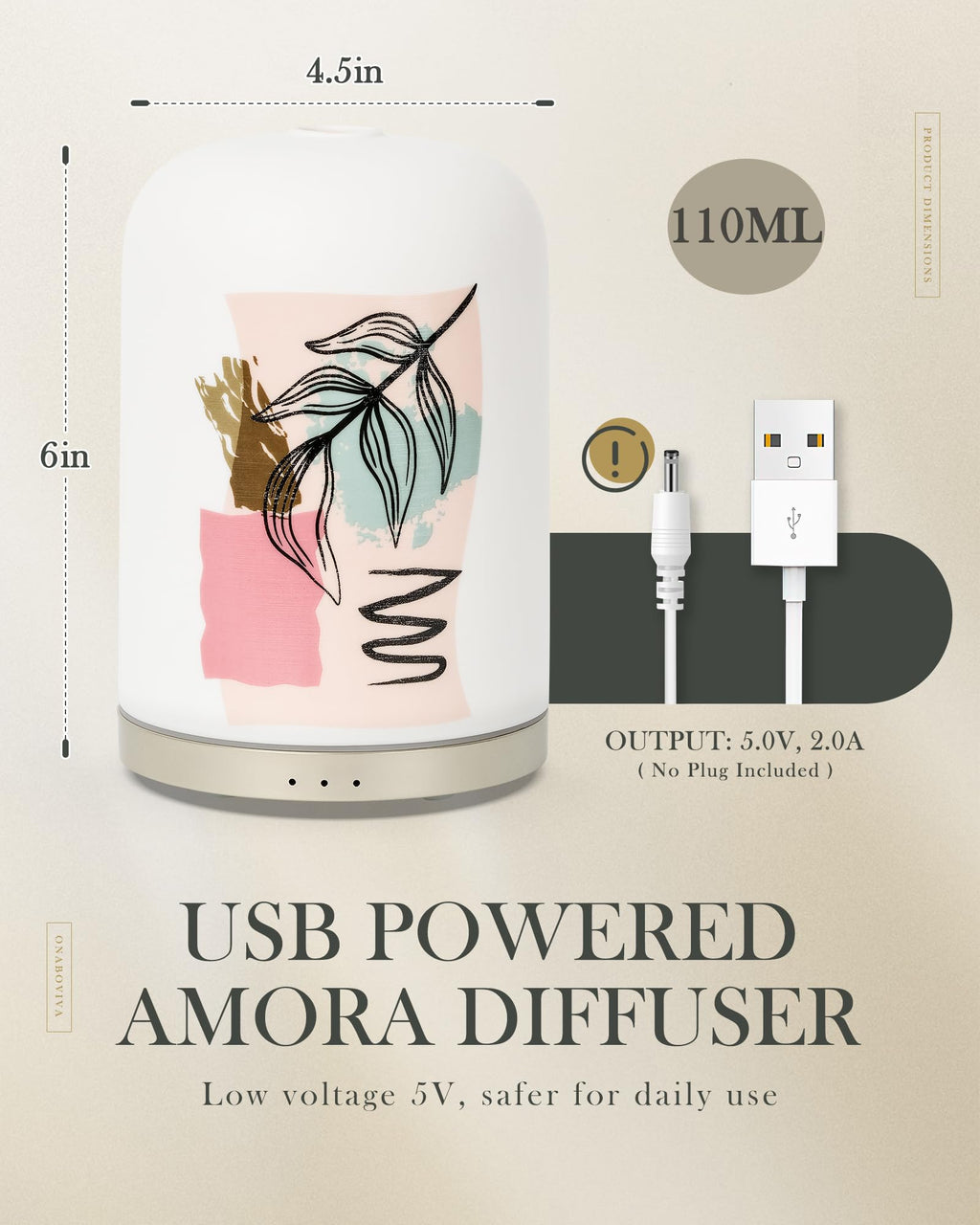 110ML Essential Oil Diffuser with Handmade Ceramic Cover, Aromatherapy Diffuser for Large Room, Quiet Ultrasonic Aroma Diffuser