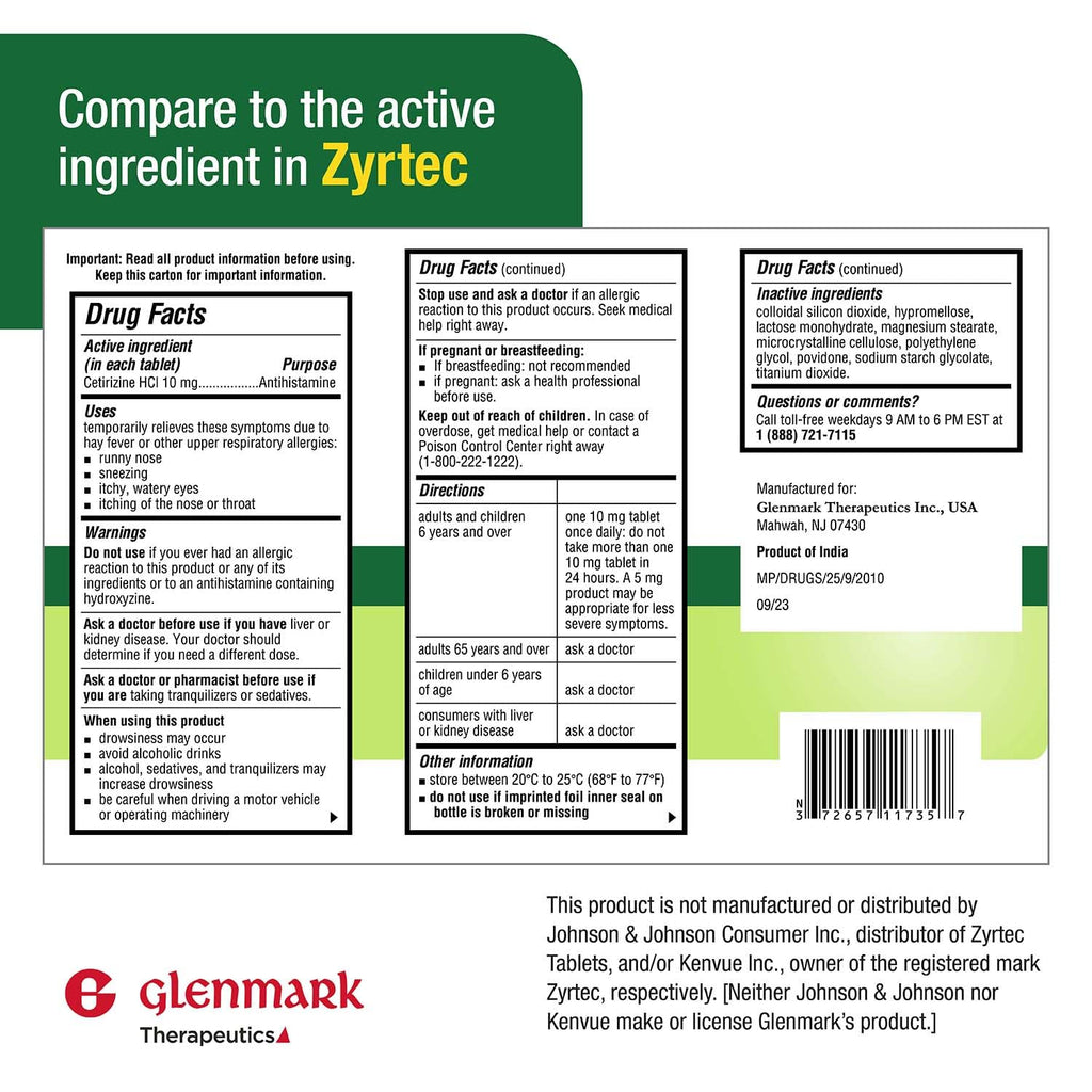 Glenmark Therapeutics 24-Hour Allergy Medicine, Cetirizine HCl USP, Antihistamine for Pollen, Hay Fever, Dry, Itchy Eyes, Allerg