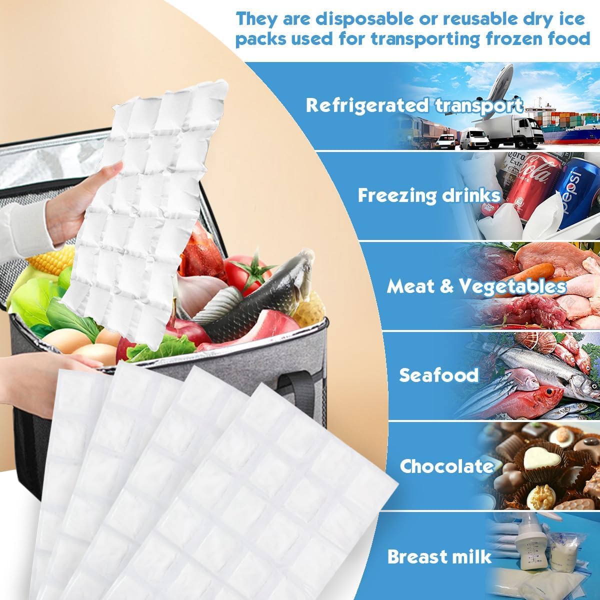 WAQIWARON Ice Sheets for Coolers Reusable - Ice Pack Sheets - 4 Large Flat Freezer Packs for Coolers - 96 Cube Ice Packs for Fle