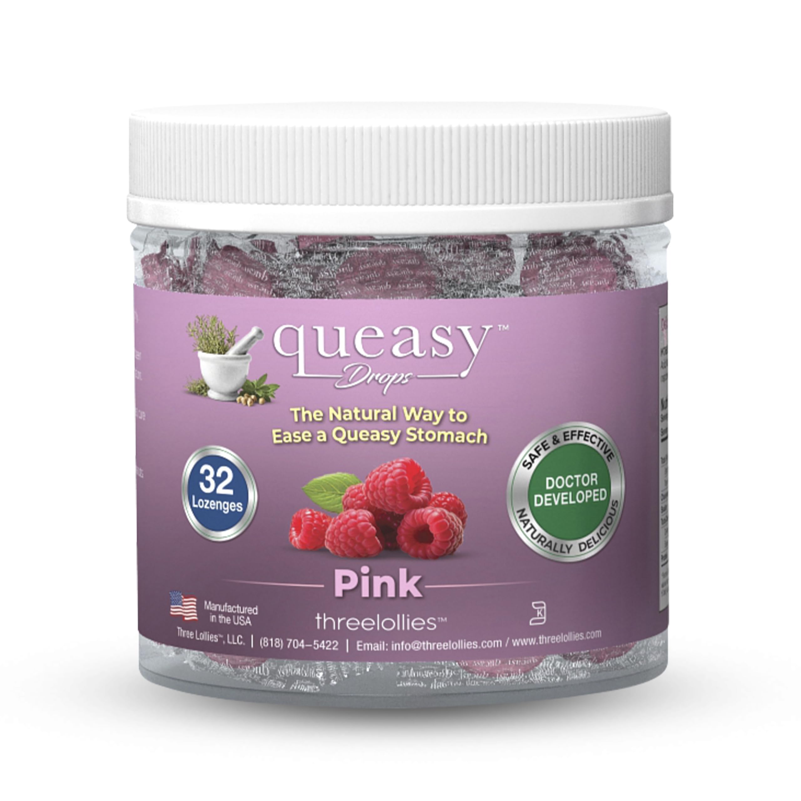 Three Lollies Queasy Drops - Pink Sour Raspberry Flavor - Travel Sickness & Nausea Relief, Soothes Stomach & Dry Mouth, Natural 