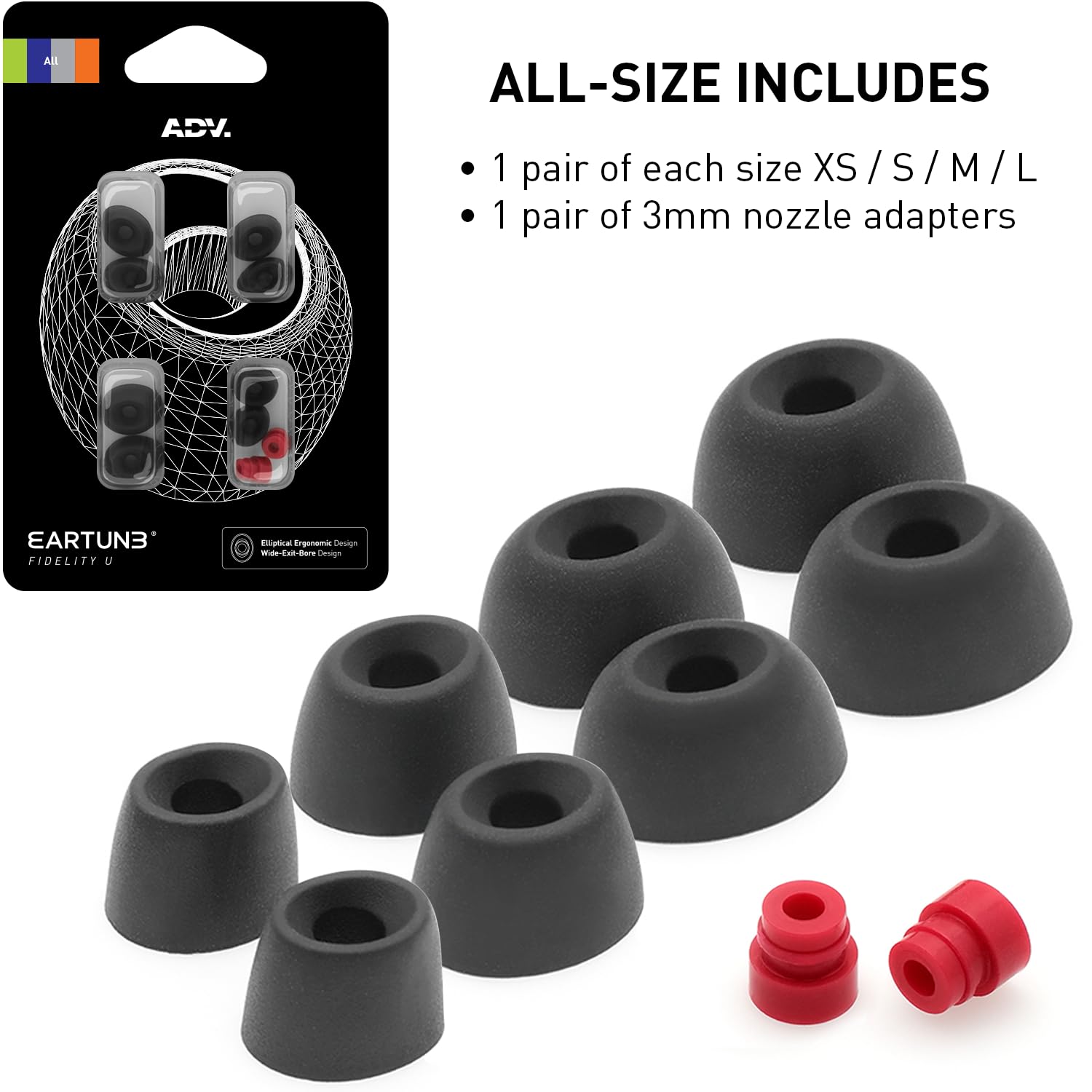 Eartune Fidelity U Ellipse-Shape Silicone Tips - Made to Shape of Natural Human Ear Canal for Comfort and Seal - HiFi IEM Access