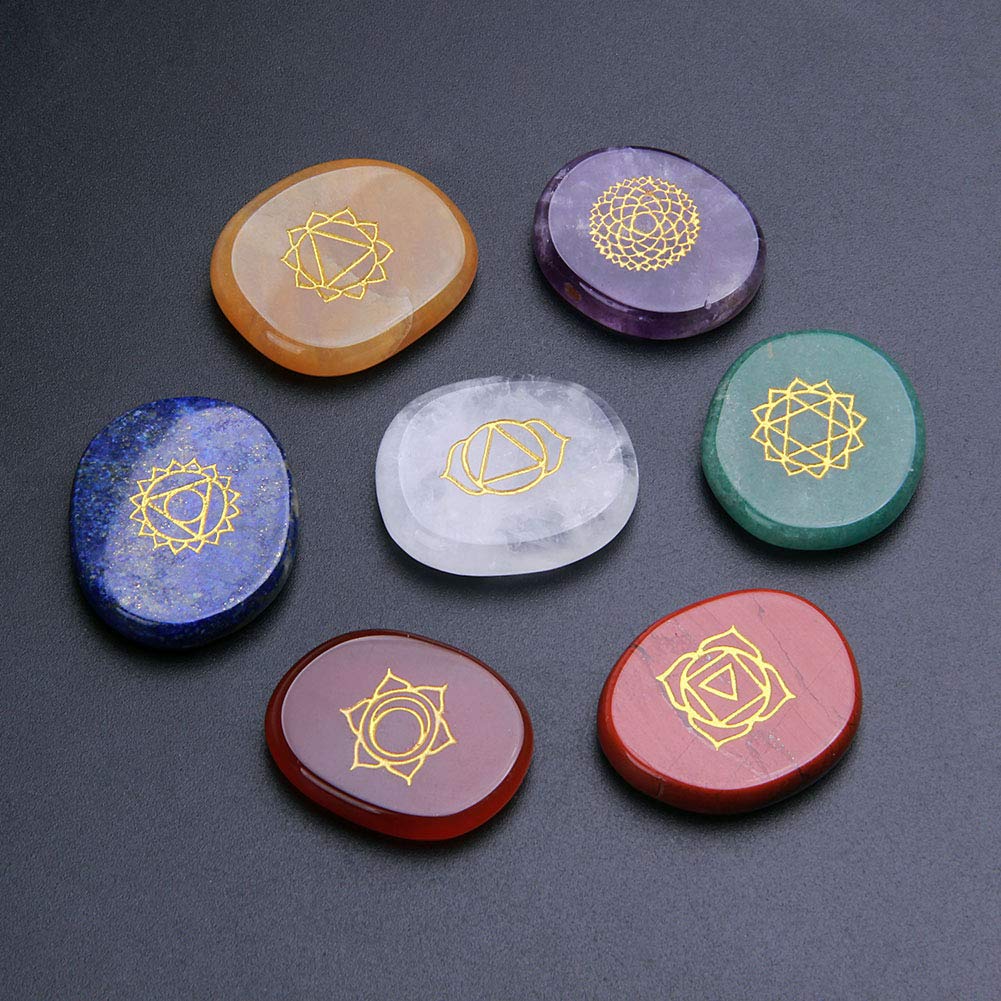 TGS Gems 7 Chakra Stones set - Reiki Healing Crystal With Engraved Chakra Symbols