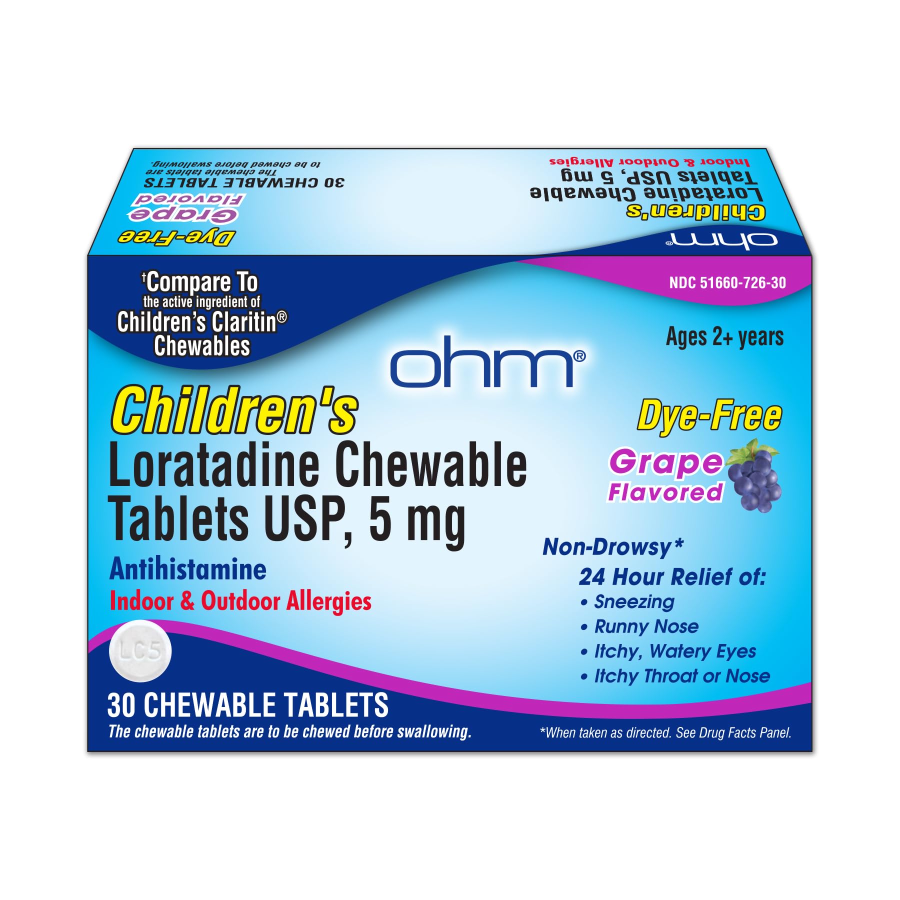 Ohm Childrens Chewable Tablets, Dye Free, Grape, Non-Drowsy 24h Antihistamine, Indoor & Outdoor Allergies, 5mg, 30 Tablets (30 C