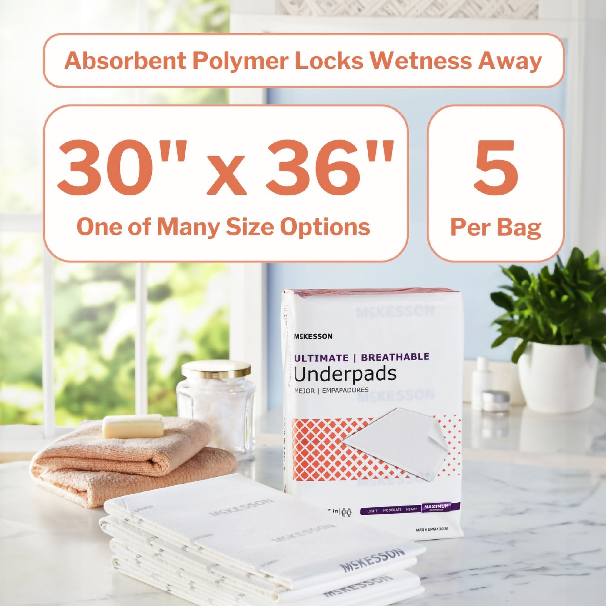 McKesson Underpads Disposable Bed Pads 30 x 36 [70 Count], Maximum Absorbency, Maximum Breathable Incontinence Chux Pads for Adu