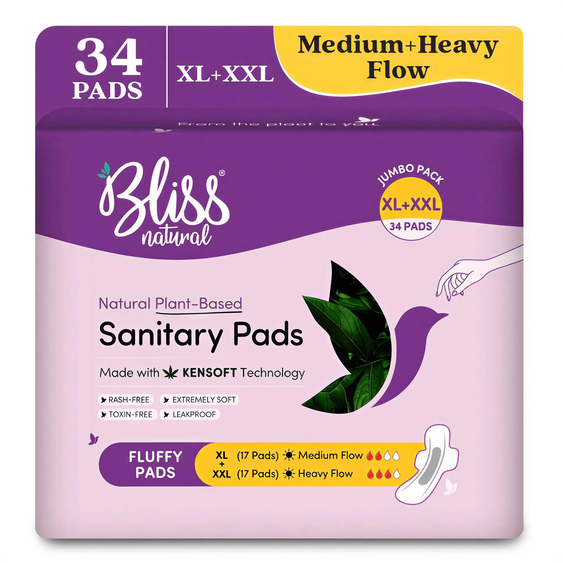 Blissnatural Sanitary Pads Xl & Xxl | Pack Of 34 (17 Xl & 17 Xxl) | Medium To Heavy Flow | Extremely Soft, RashFree, Leakproof 