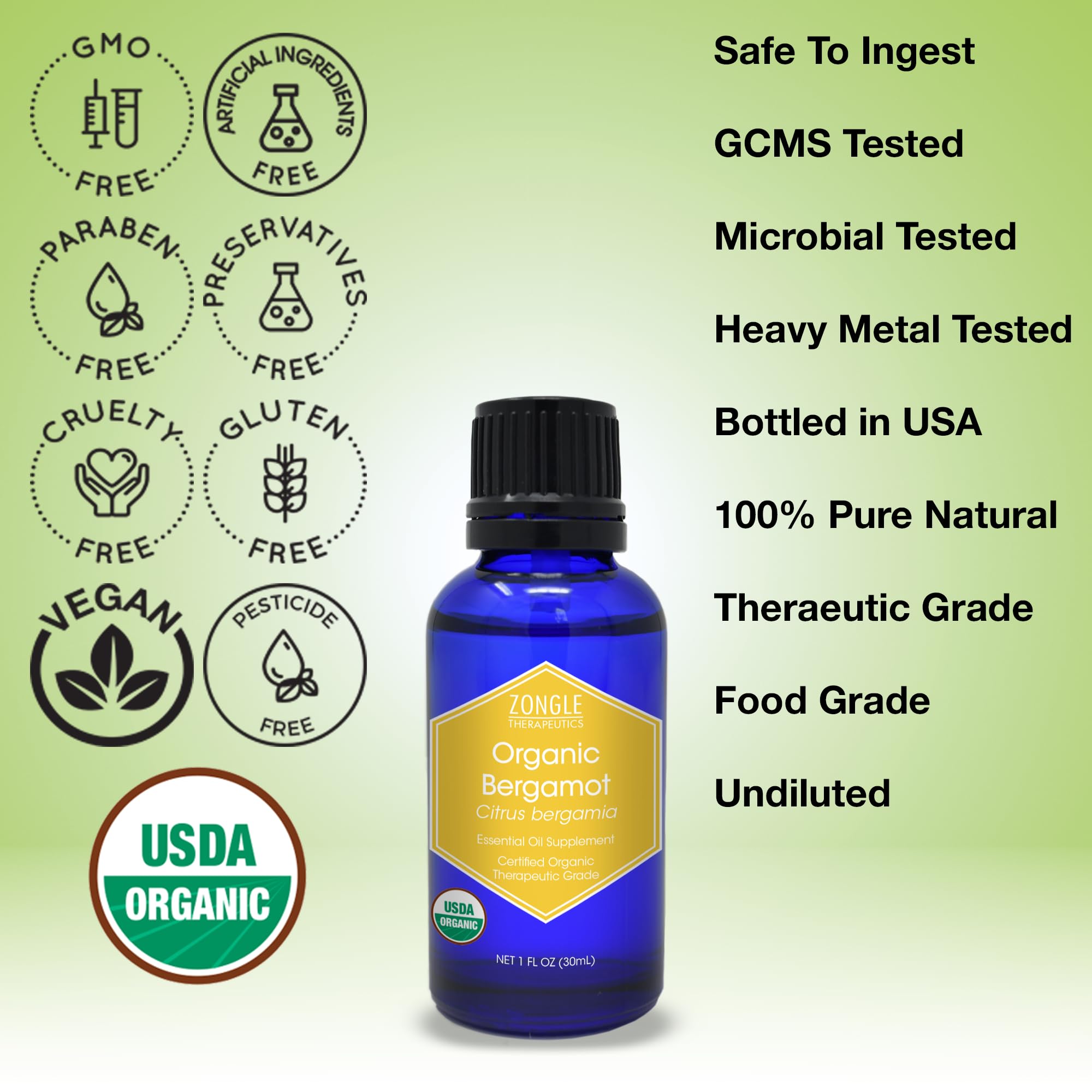 Organic, Bergamot Essential Oil, Food Grade, for Tea - 100% Pure, Bergamot Oil, by Zongle Therapeutics, 1 OZ