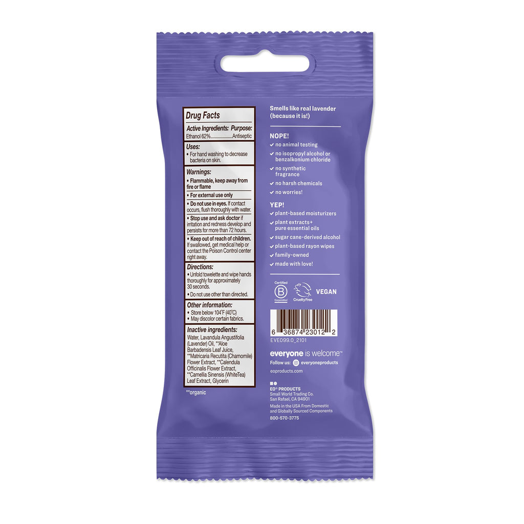 Everyone Hand Sanitizer Wipes, 15 Wipes (Pack of 6), Lavender and Aloe, Sugar Cane Derived Alcohol with Essential Oils, TSA frie