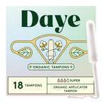 Daye Organic Tampons, 18 Ct, Super Absorbency, Metal-Tested, No-Shed Sleeve, Gamma Ray Sanitized (Super, 18, Count)