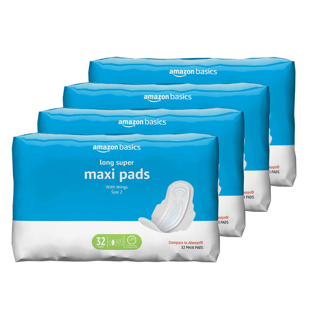 Amazon Basics Thick Maxi Pads with Flexi-Wings for Periods, Long Length, Super Absorbency, Unscented, Size 2, 128 Count, 4 Packs