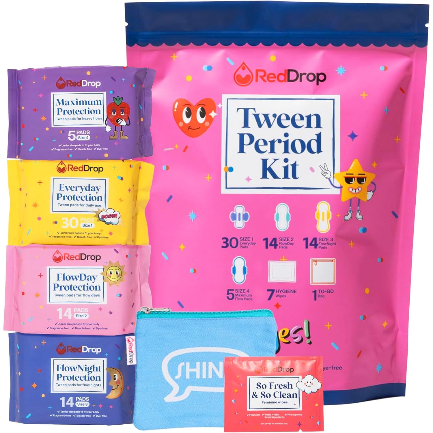 RedDrop Period Kit for Tweens - First Period Kit for Girls 9-12 - Includes 30 Everyday Pads, 14 FlowDay Teen Pads, 14 FlowNight 