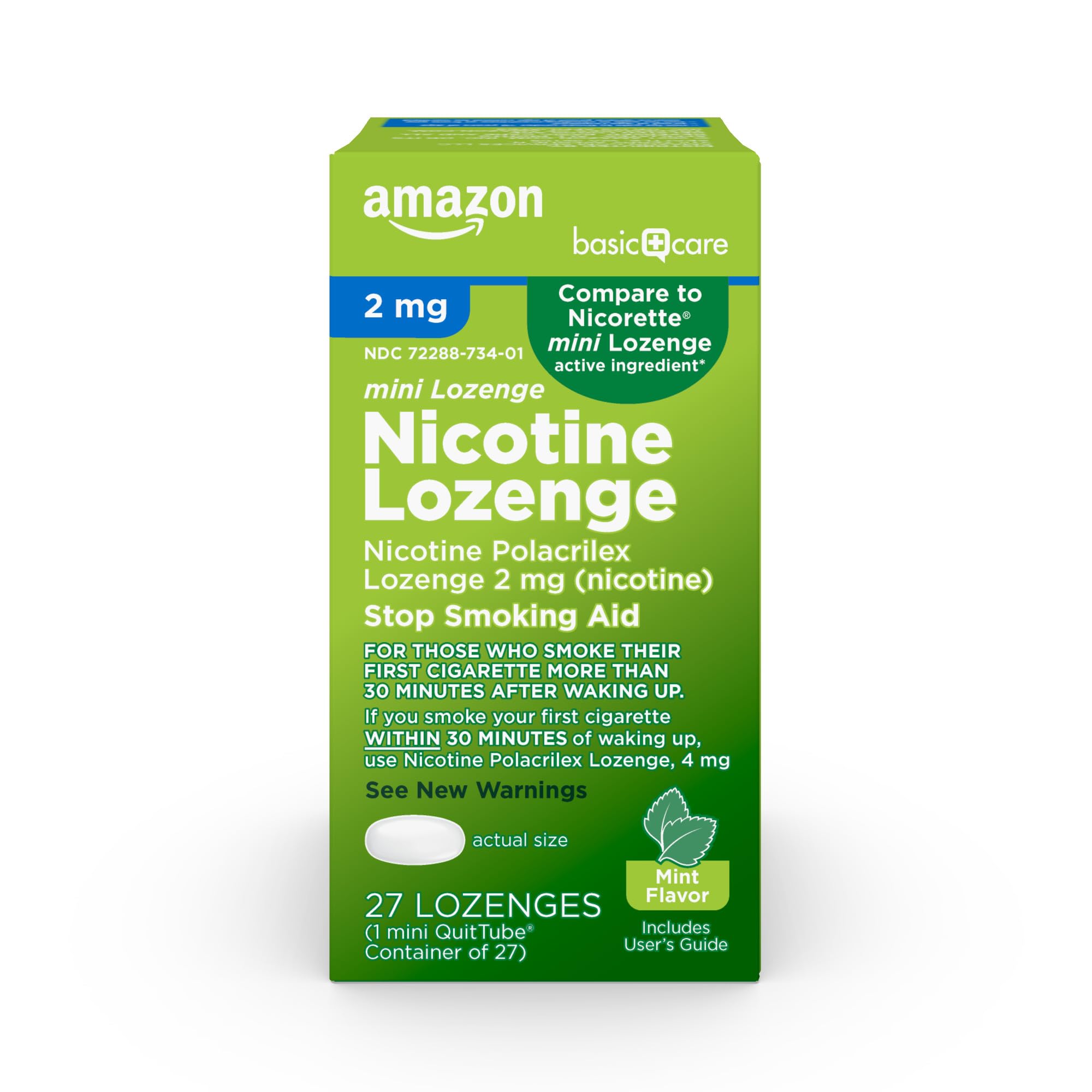 Amazon Basic Care Mini Nicotine Polacrilex Lozenge, 2 mg (Nicotine), Stop Smoking Aid, Mint Flavor; Quit Smoking with Mint Nicot