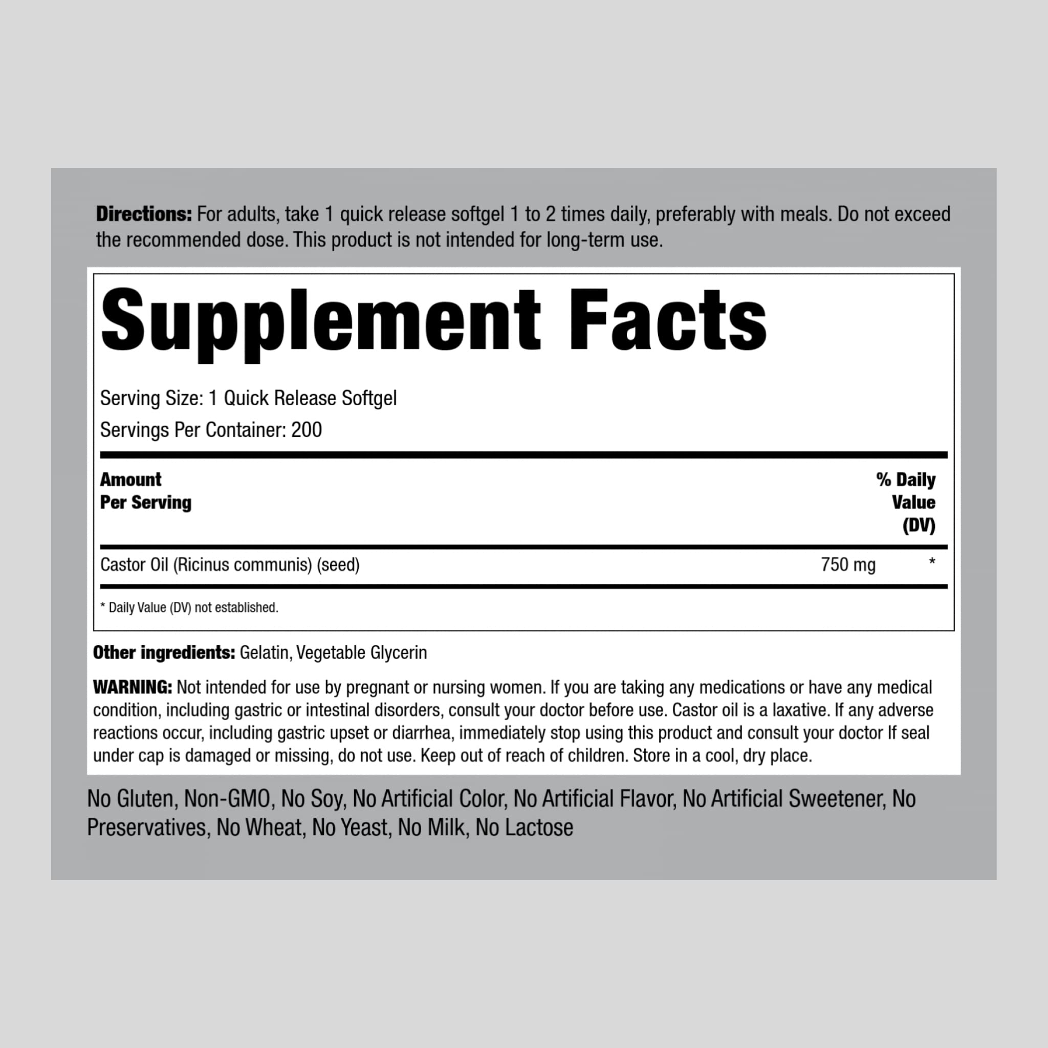 Piping Rock Castor Oil Softgel Capsules 750mg | 200 Count | Cold Pressed | Non-GMO, Gluten Free Supplement