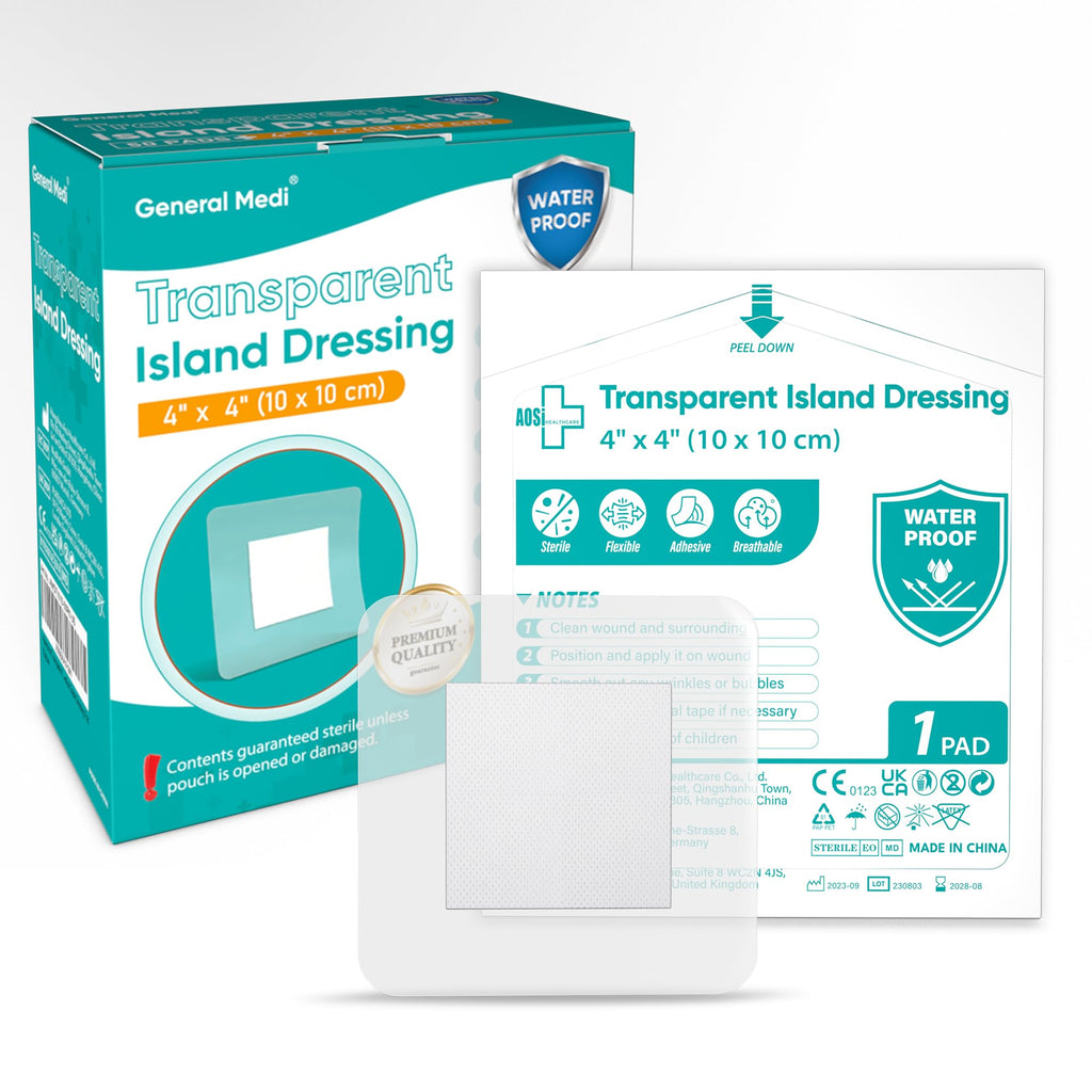 General Medi Waterproof Transparent Adhesive Island Dressing (50 Count, 4 x 4), Wound Care Pad with Adhesive Border - Sterile, S