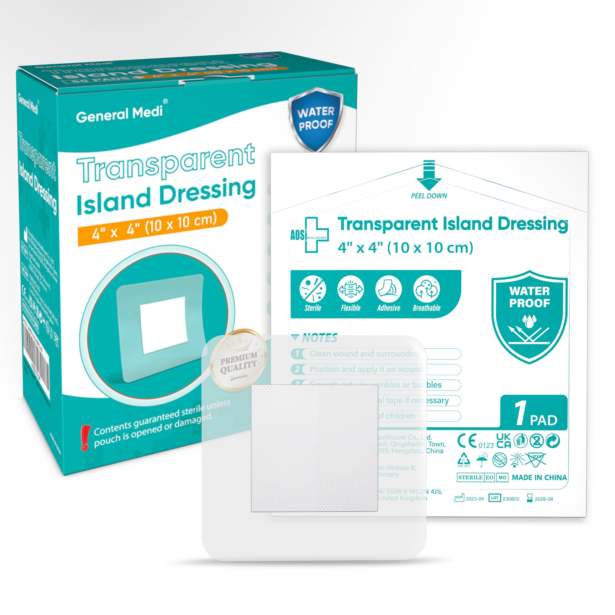 General Medi Waterproof Transparent Adhesive Island Dressing (50 Count, 4 x 4), Wound Care Pad with Adhesive Border - Sterile, S