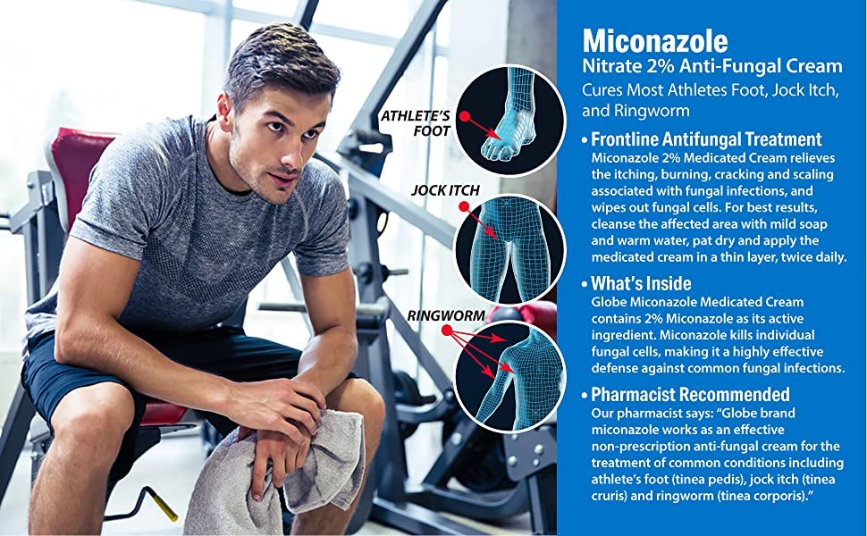 Miconazole Globe (3 Pack) Nitrate 2% Cream 1 oz, Cures Most Athletes Foot, Jock Itch, Ringworm and More.