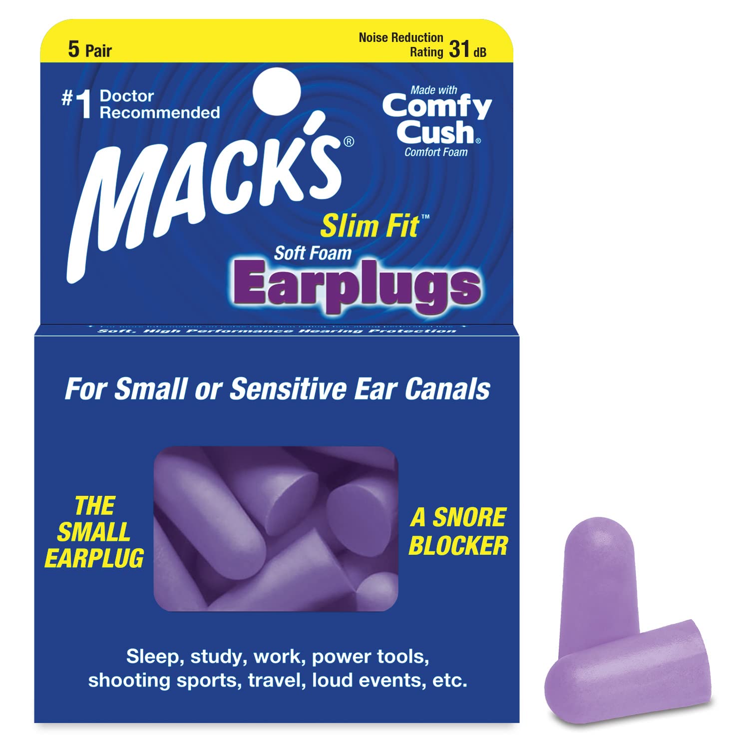 Macks Slim Fit Soft Foam Earplugs, 5 Pair - Small Ear Plugs for Sleeping, Snoring, Traveling, Concerts, Shooting Sports & Power