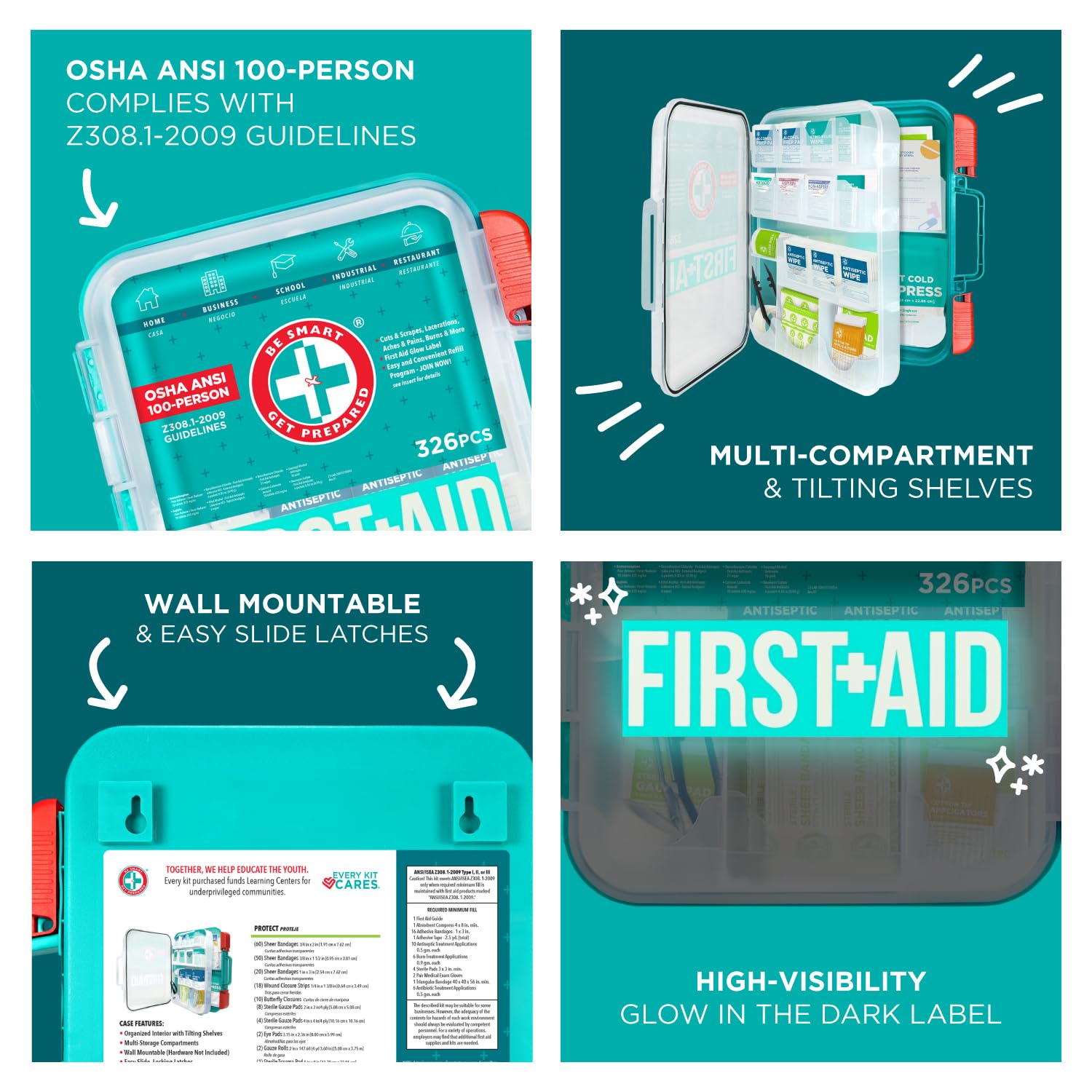 Be Smart Get Prepared First Aid Kit, Teal, 326 Piece, Exceeds OSHA and ANSI Guidelines 100 People - Office, Home, Car, School, E