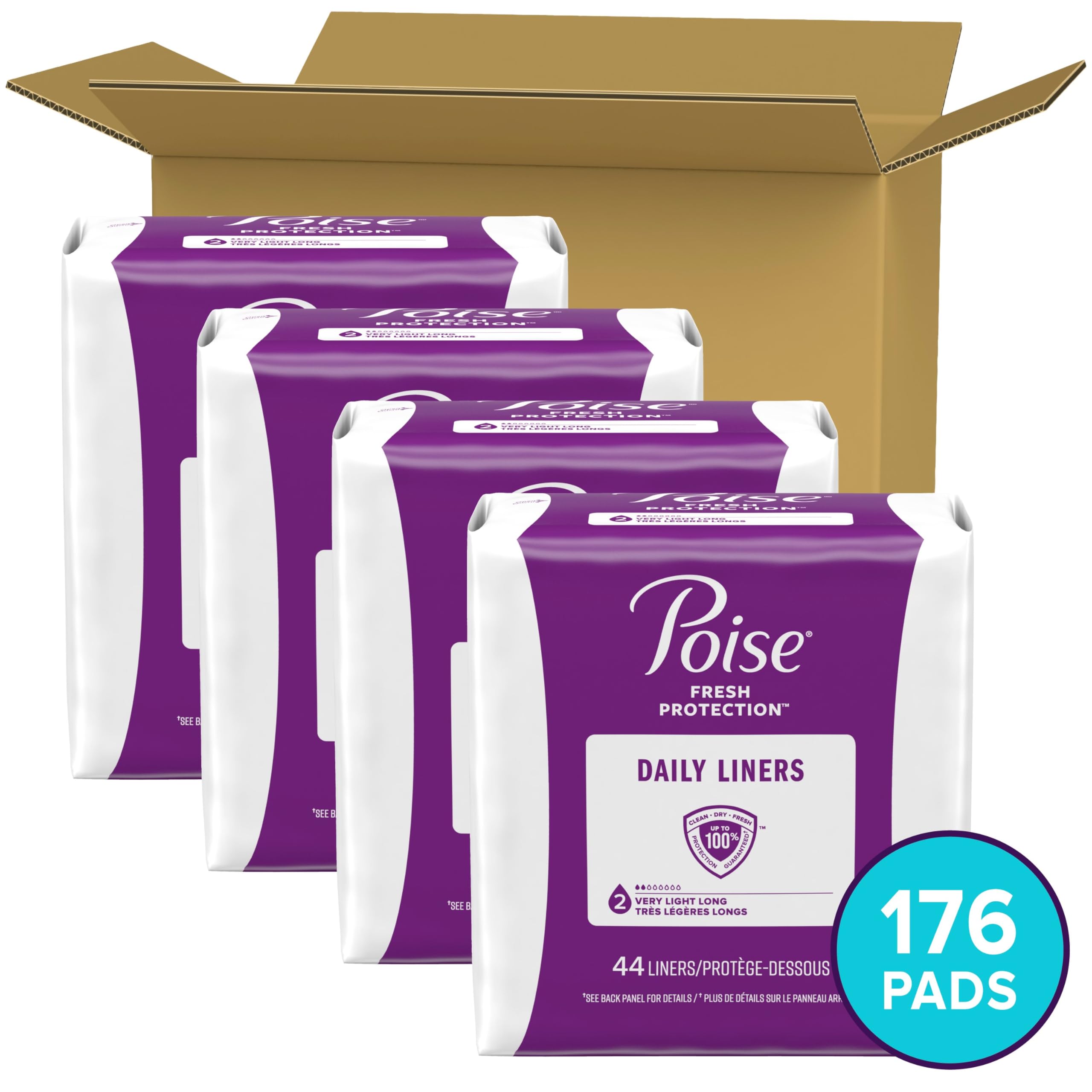 Poise Daily Liners, Incontinence Panty Liners, 2 Drop Very Light Absorbency, Long Length, 176 Count of Pantiliners (4 Packs of 4