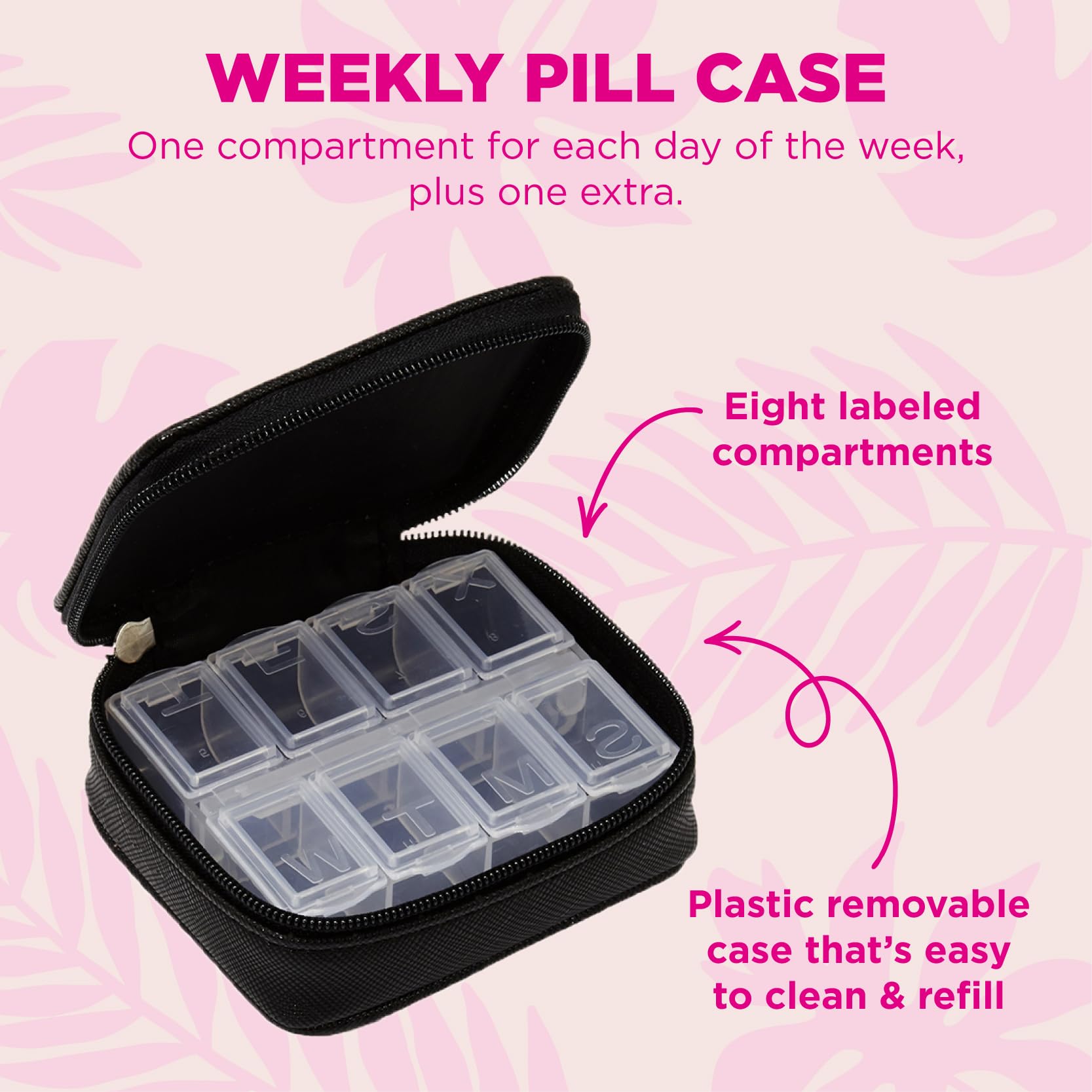 Miamica Zippered Daily Dose    Pill Case with 8-Day Removable Plastic Medicine Organizer, Black, 3.5    L x 2.75    W x 1.25