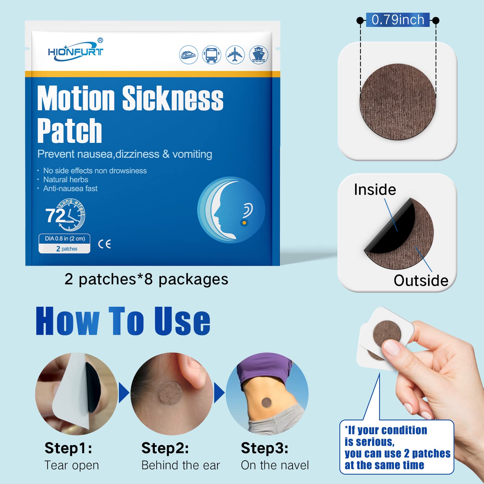 Hionfurt 16ct Motion Sickness Patches - Sea Sickness Patches for Cruise, Car, Airplane, and Other Travel - Non-Drowsy, Effective