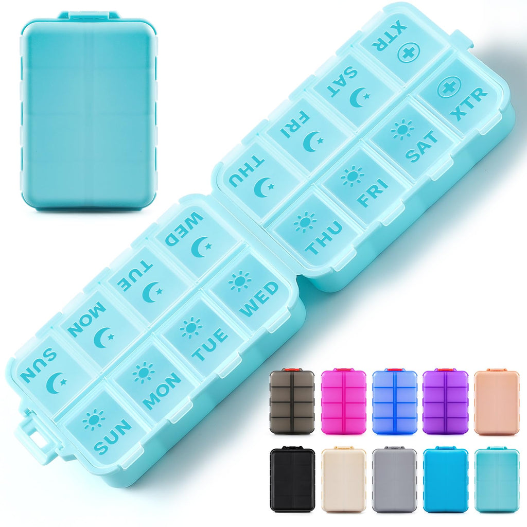 Foldable Weekly Pill Organizer 2 Times a Day with 2 Extra Compartments - Etched Labels - Portable 7 Day AM PM Medicine Box, Week