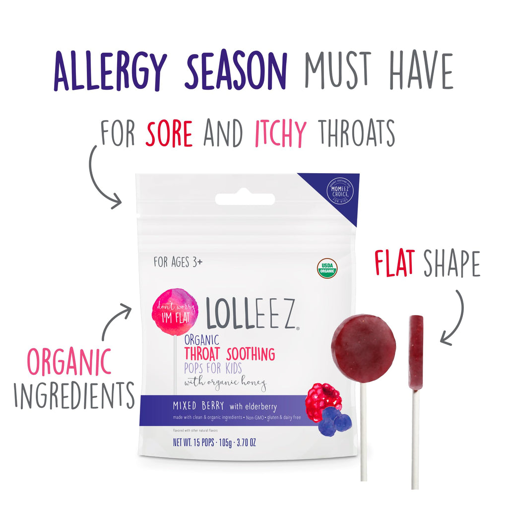 Lolleez Organic Lollipops for Sore Throat Relief - Perfect for Soothing A Sore Throat While Tasting Great - Mixed Berry with Eld