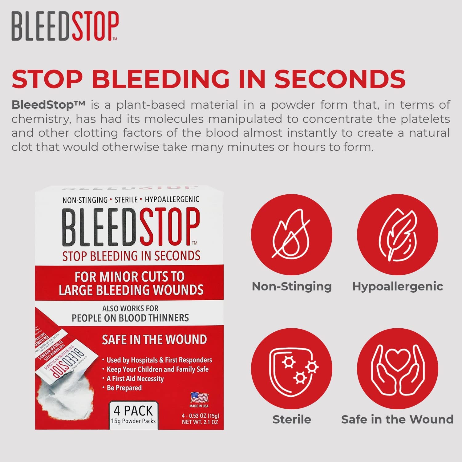 BleedStop First Aid Powder for Blood Clotting, Trauma Kit, Blood Thinner Patients, Camping Safety, and Survival Equipment for Mo