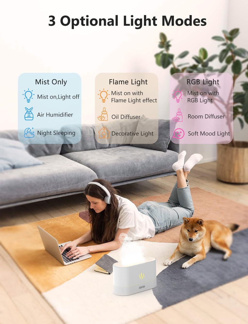 PIZAY Essential Oil Diffuser, Air Humidifier with Flame Led Light - 7 Colors, 180mL Capacity (8 Hours), Noiseless Operation, Aut