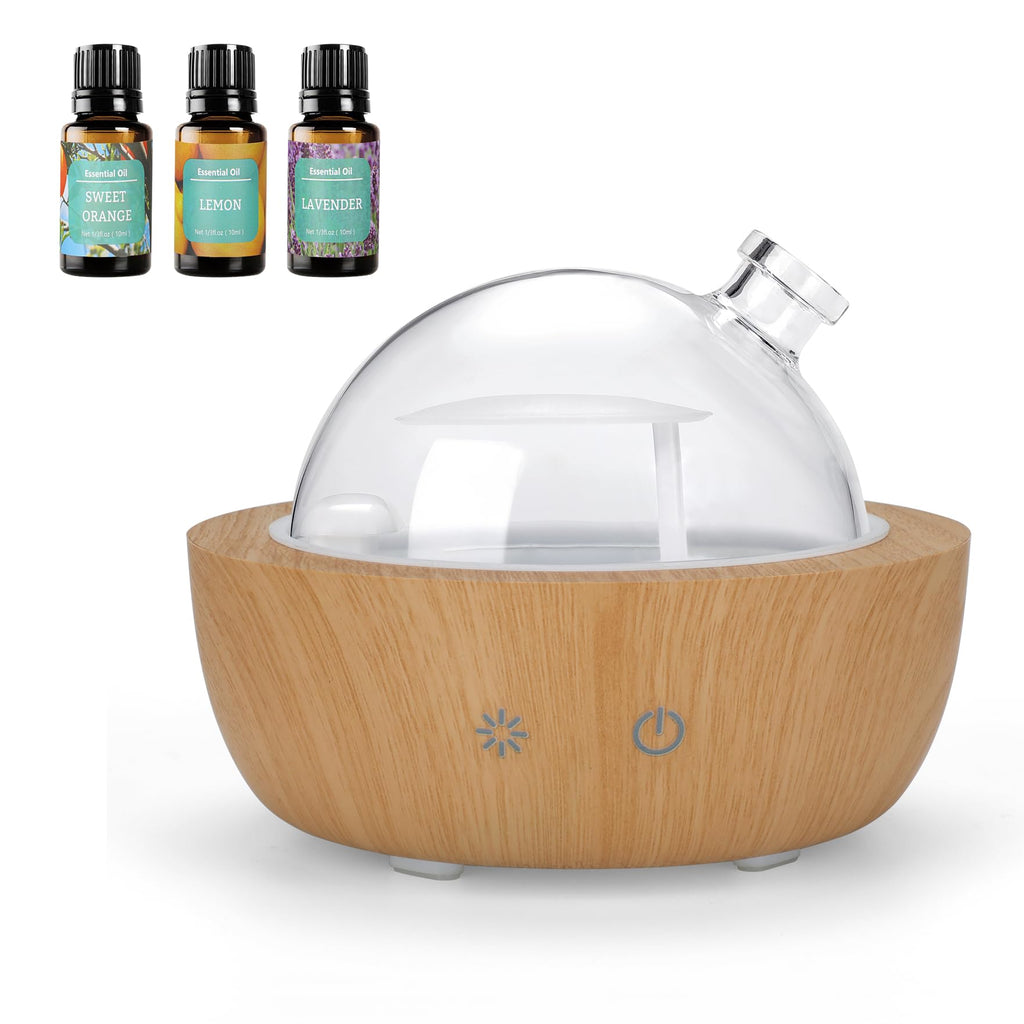 Glass Essential Oil Diffusers for Home, Wood Grain Base Humidifier, Decorative Bedroom Aromatherapy Scent Air Diffuser Ultrasoni