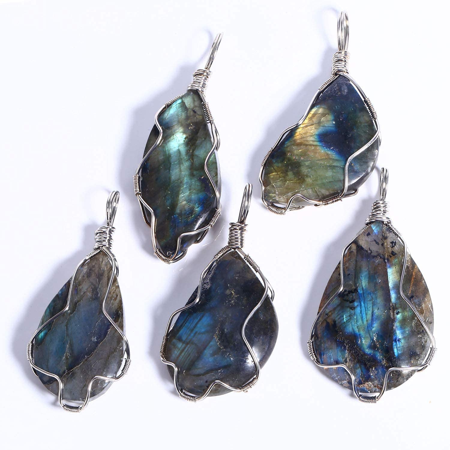 KISSPAT Labradorite Necklace Wire Wrap Pendant Healing Gemstone Palm Stone Moonstone Healing Stone Pendant Necklace for Men Wome