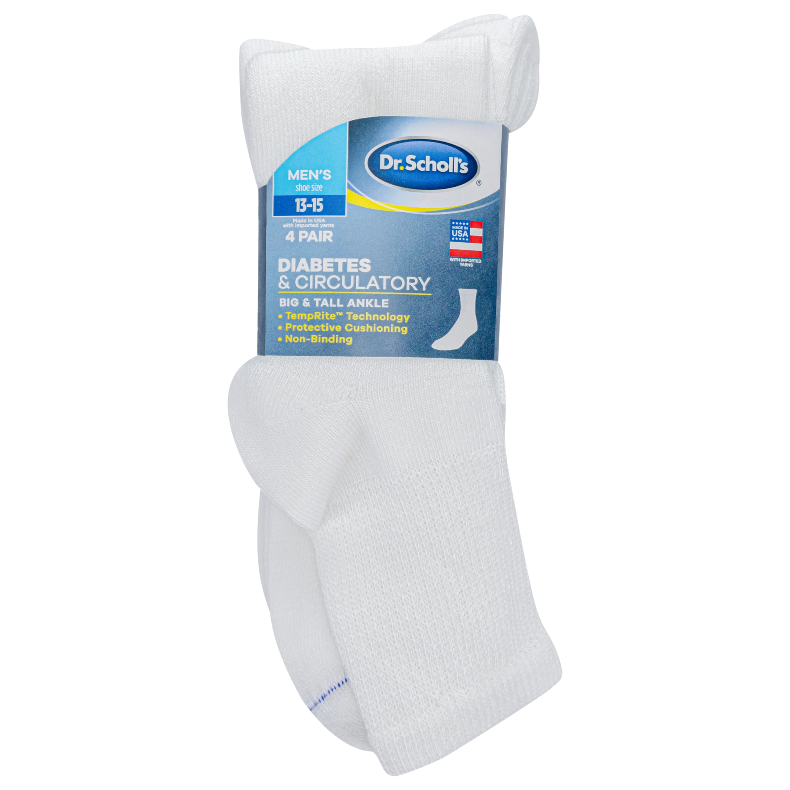 Dr. Scholl's Men's 4 Pack Diabetic and Circulatory Non Binding Ankle Socks, White, Shoe Size: 13-15