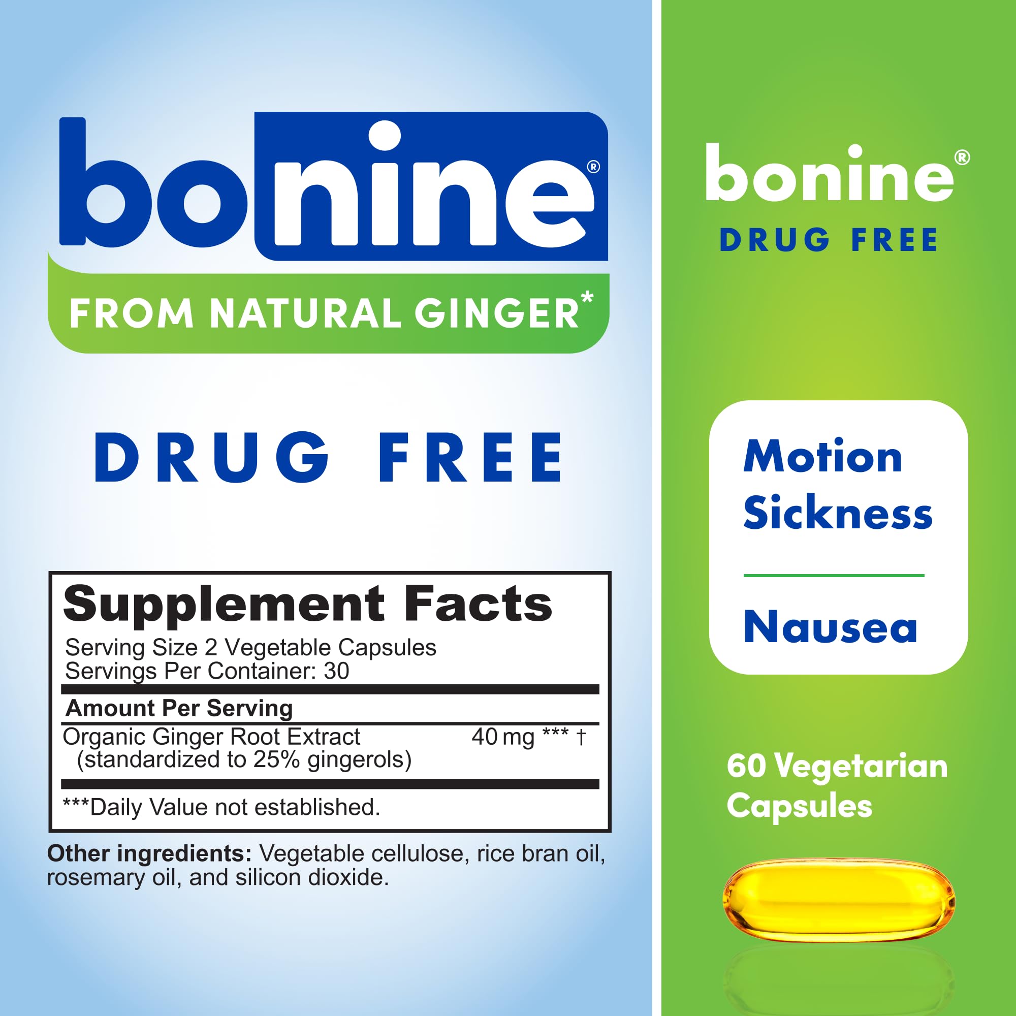 Bonine Ginger Root Extract Liquid Capsules - Non-Drowsy Motion Sickness Relief - 40 mg Ginger Supplement for Morning Sickness &