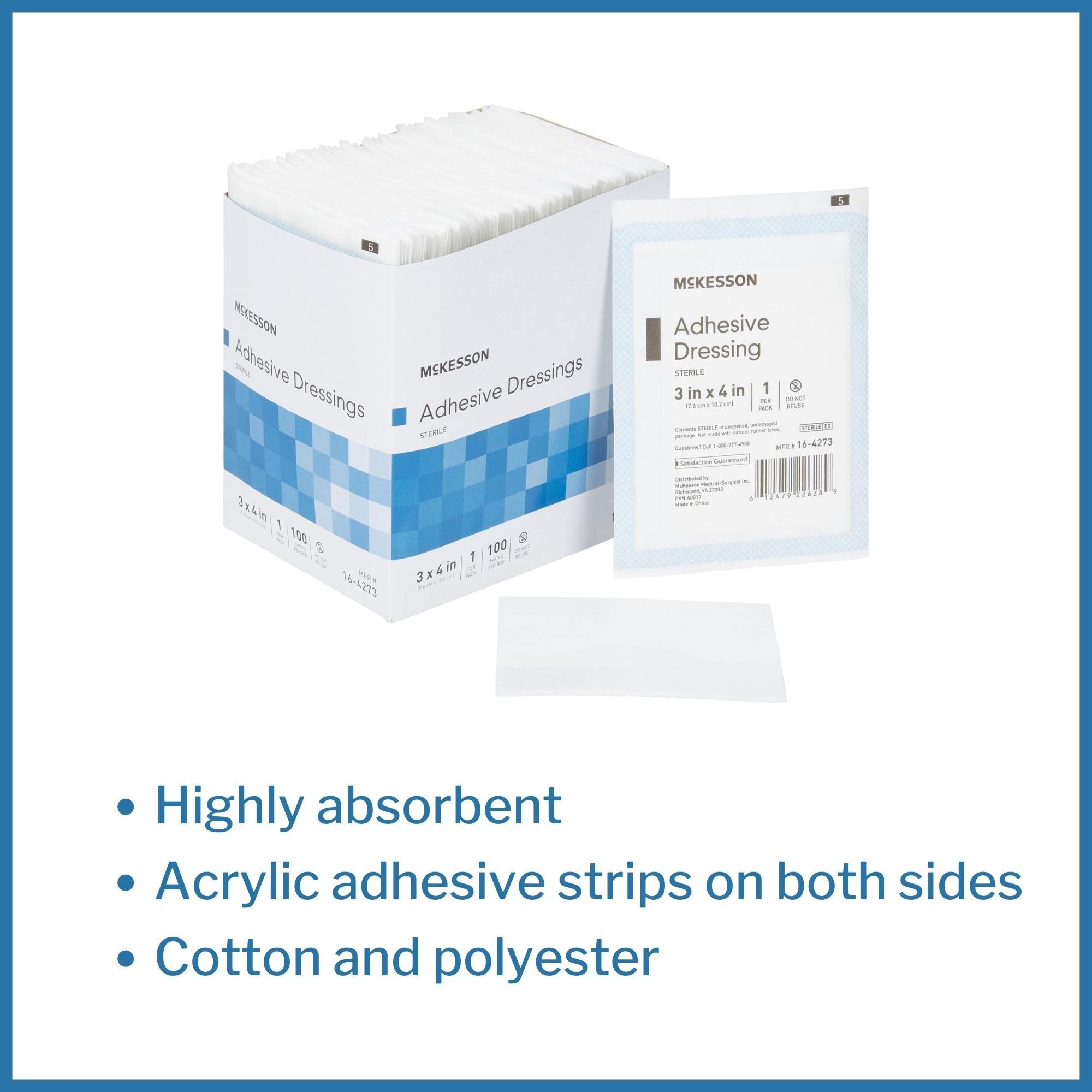 McKesson Adhesive Dressing, Sterile, Cotton/Polyester, 3 in x 4 in, 100 Count, 1 Pack