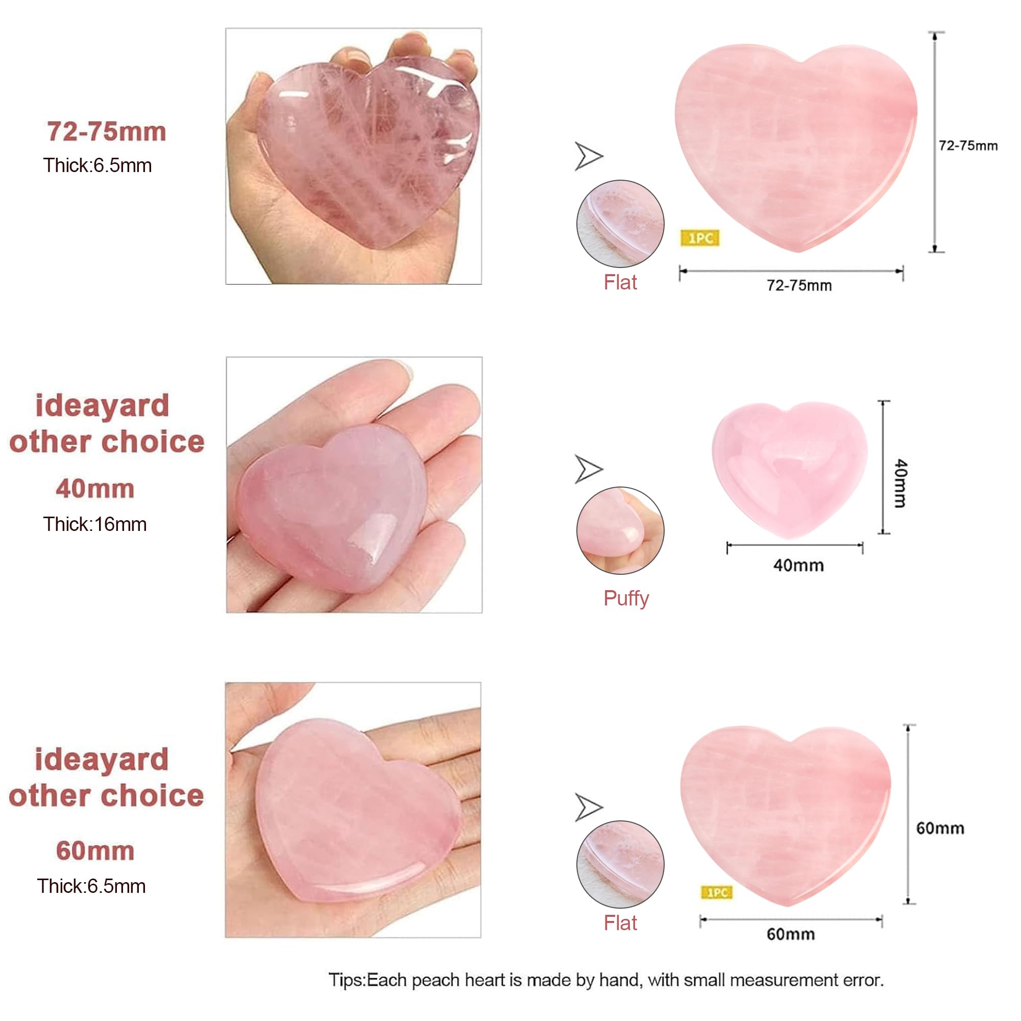 ideayard Big Rose Quartz Heart 72-75mm Love Healing Crystal Meditation Palm Stone Quartz Worry Stone for Relieve Anxiety Stress