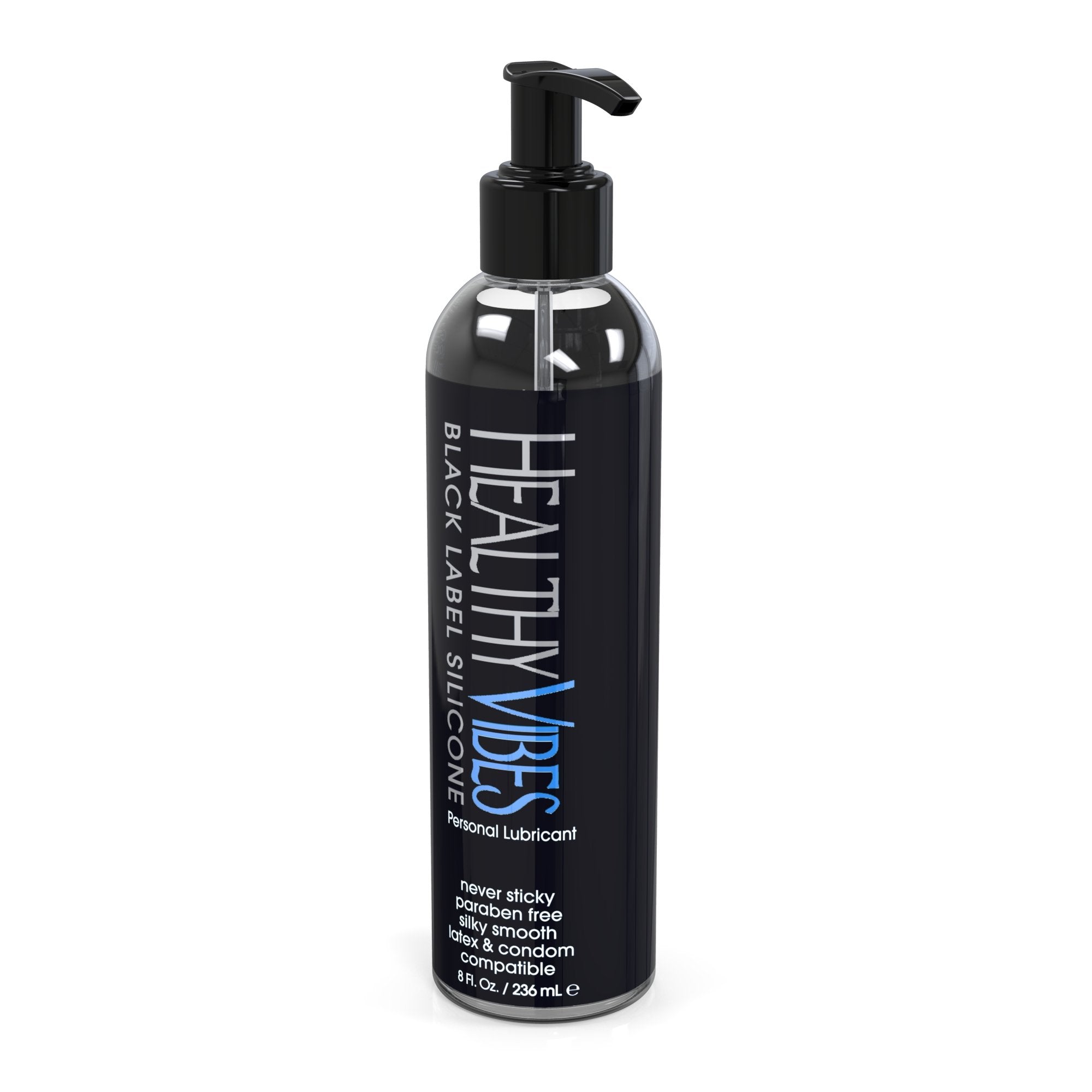 Healthy Vibes Black Label Silicone Personal Lubricant, 8 oz - Long Lasting, Easy to Clean, Water Resistant, Safe for Most Skin Types, Clear