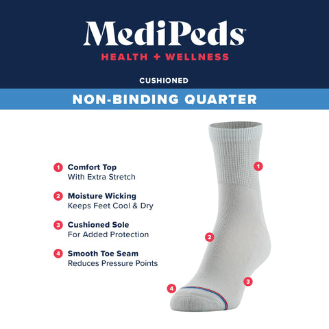 MediPEDS Quarter Socks with Non-Binding Top and Cushion, Multipairs, Black (4-Pairs), Shoe Size: Men's 7-12 Women's 10-13