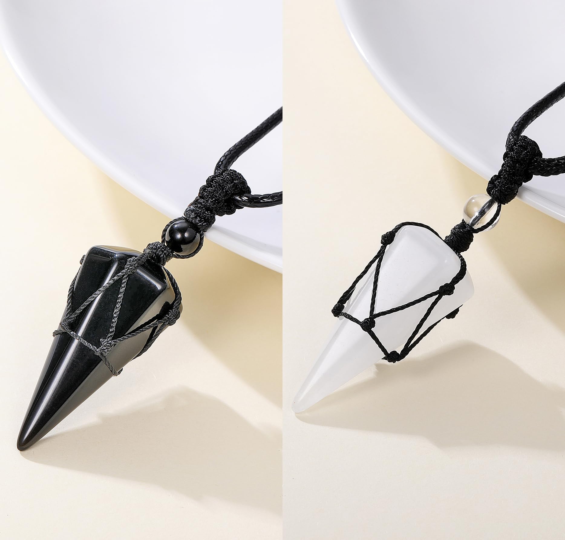 Top Plaza 2pcs Black Obsidian Clear Quartz Healing Crystal Stone Necklace for Women Men 6 Facet Pointed Pendant Necklaces Adjust