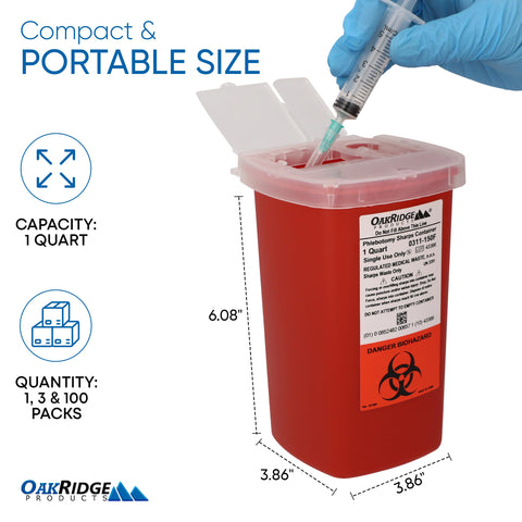 Oakridge Products Sharps Container for Home Use and Professional 1 Quart (3-Pack), Biohazard Needle and Syringe Disposal, Flip-u