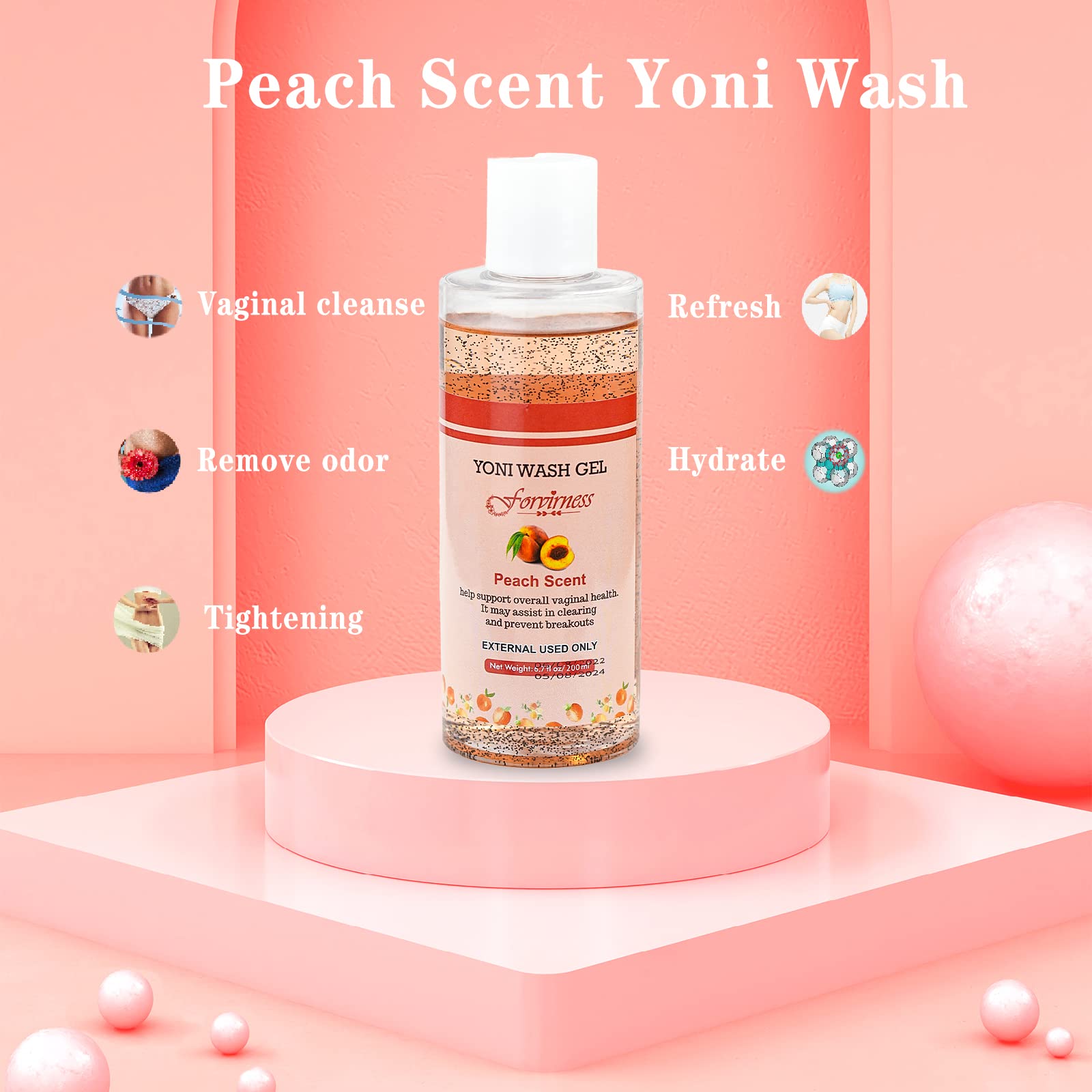 forvirness Natural Feminine Wash Yoni Oil Set, Vaginal Wash with Cleaning Factor, Yoni Wash for Women pH Balance,1 fl.oz Peach F