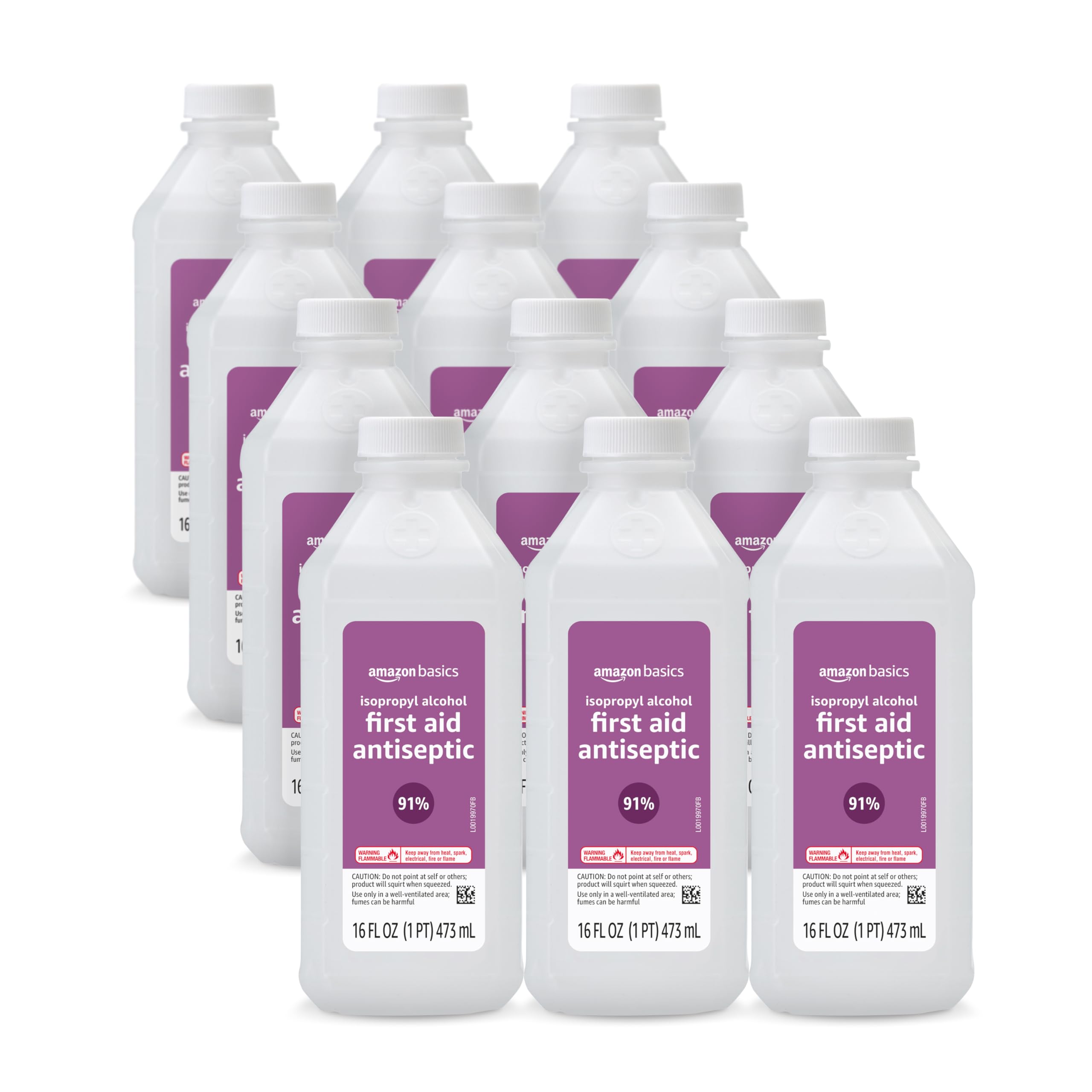 Amazon Basics 91% Isopropyl Alcohol First Aid Antiseptic, Unscented, 16 Fl oz, 12-Pack