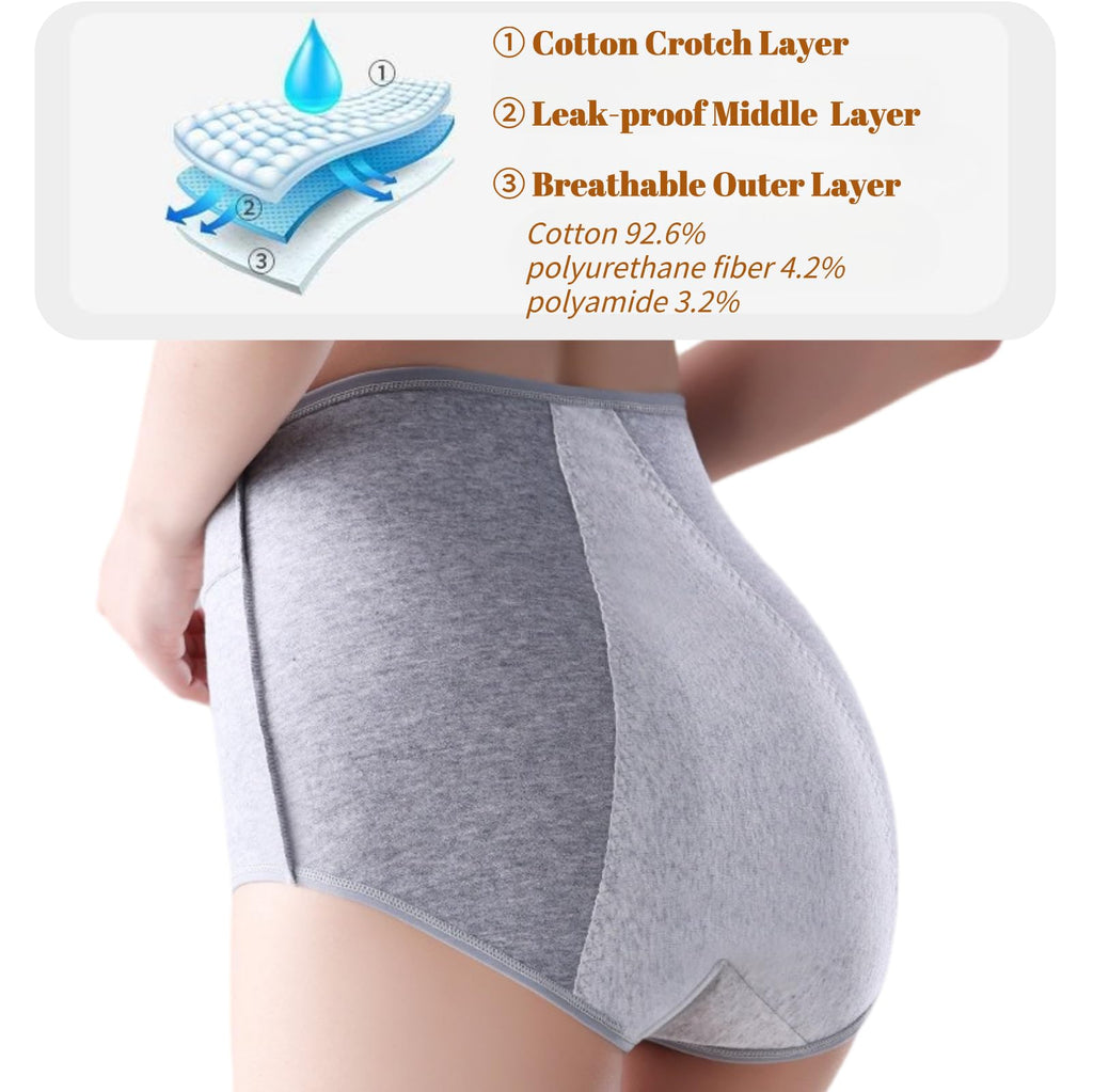 3 Pack Womens Incontinence Underwear Washable, Double Elastic High Waist Adult Incontinence Protective Briefs, Reusable for Lig